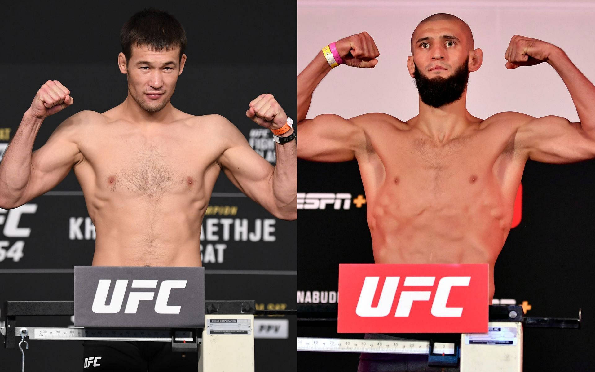 UFC 桌布 壁紙 — 兩名肌肉發達的UFC拳手在稱重活動中赤裸上身擺姿勢，背景和秤均有品牌標誌。