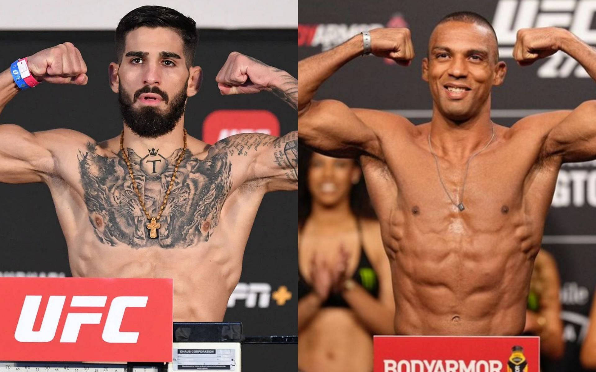 MMA 桌布 壁紙 — 兩名肌肉發達的UFC拳手在稱重活動中展示二頭肌，現場可見品牌標誌和刺青。