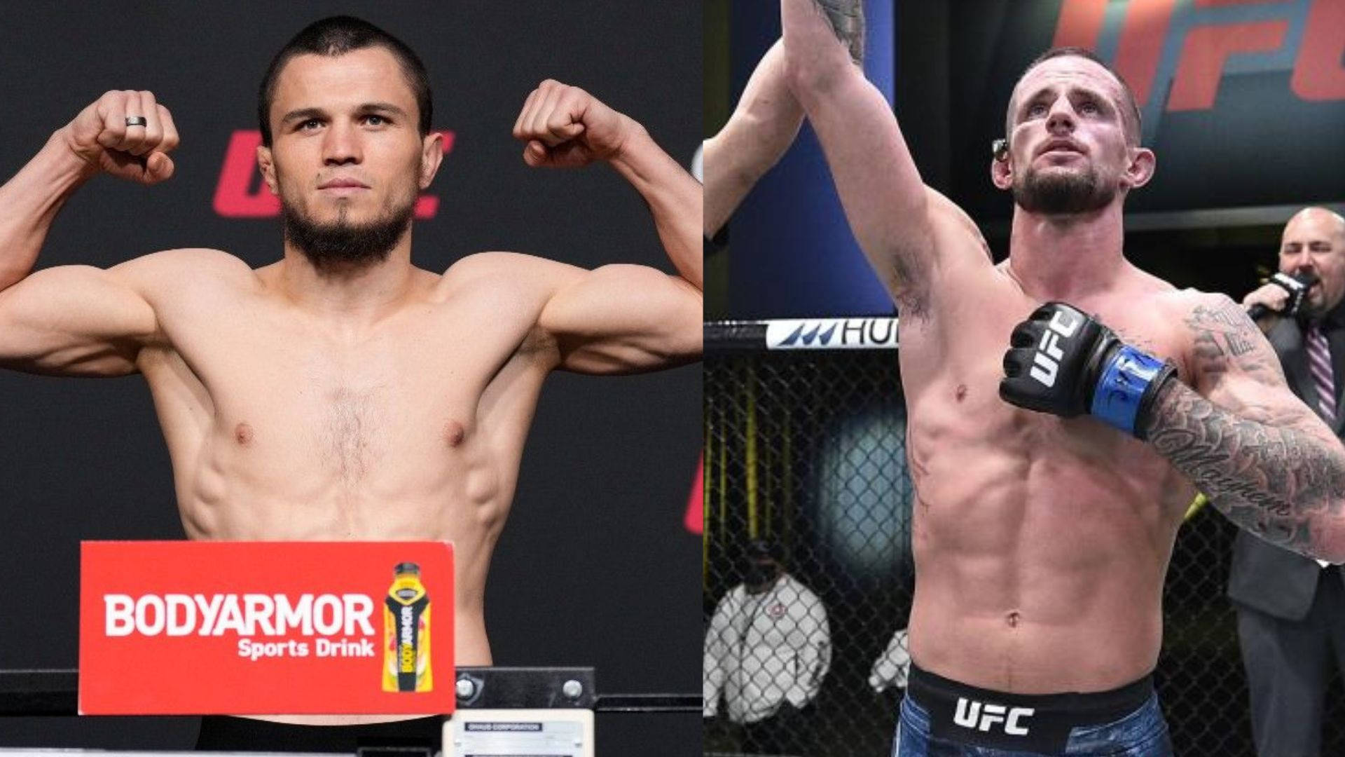 UFC 桌布 壁紙 — 兩名肌肉發達的UFC拳手在籠中赤裸上身展示肌肉並慶祝，可見品牌和贊助商標誌。