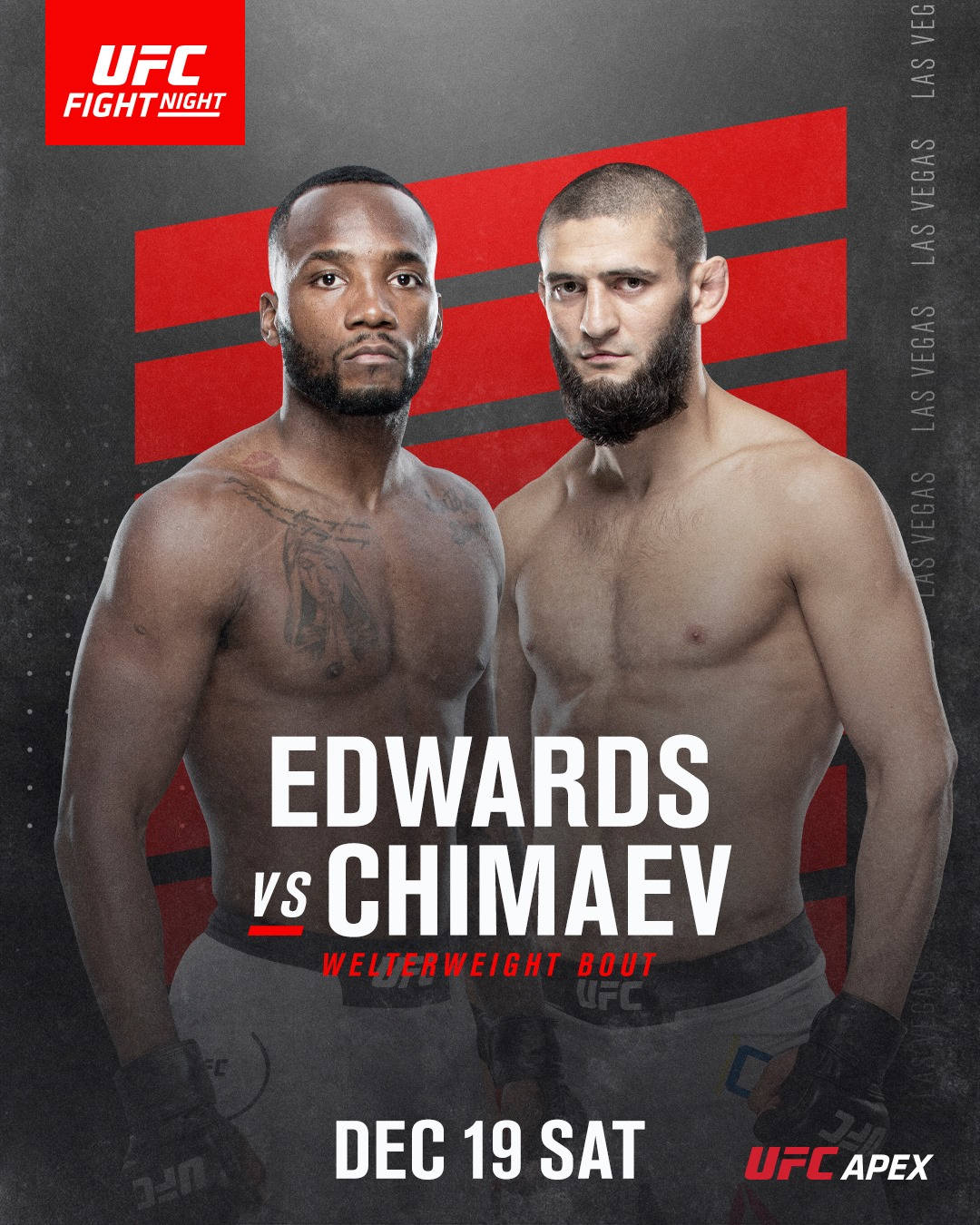 MMA 桌布 壁紙 — 兩名肌肉發達的UFC拳手在鮮明的紅黑圖形背景前，凝視鏡頭，宣傳他們的次中量級對決。