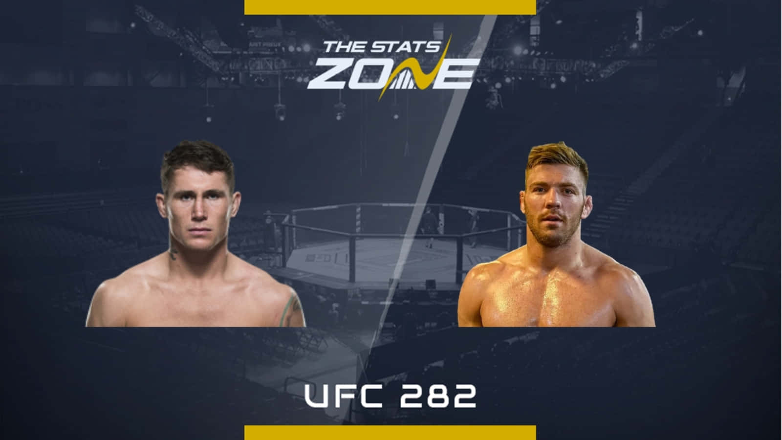 桌布 壁紙 — 兩名肌肉發達的UFC拳手在黑暗的競技場背景下，帶有「UFC 282」和「The Stats Zone」品牌標誌，凝視著鏡頭。