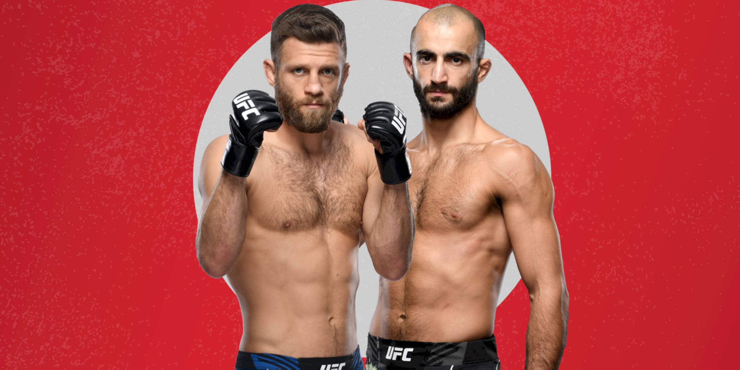 UFC 桌布 壁紙 — 兩名肌肉發達的UFC拳手戴著黑色手套，自信地站在帶有白色圓形裝飾的醒目紅色背景前。