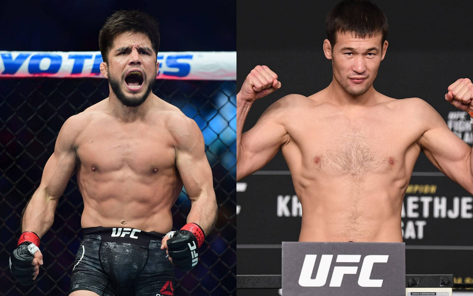 UFC 桌布 壁紙 — 兩名肌肉發達的UFC拳手激烈擺姿勢，一人在八角籠中咆哮，另一人在稱重時展示肌肉。