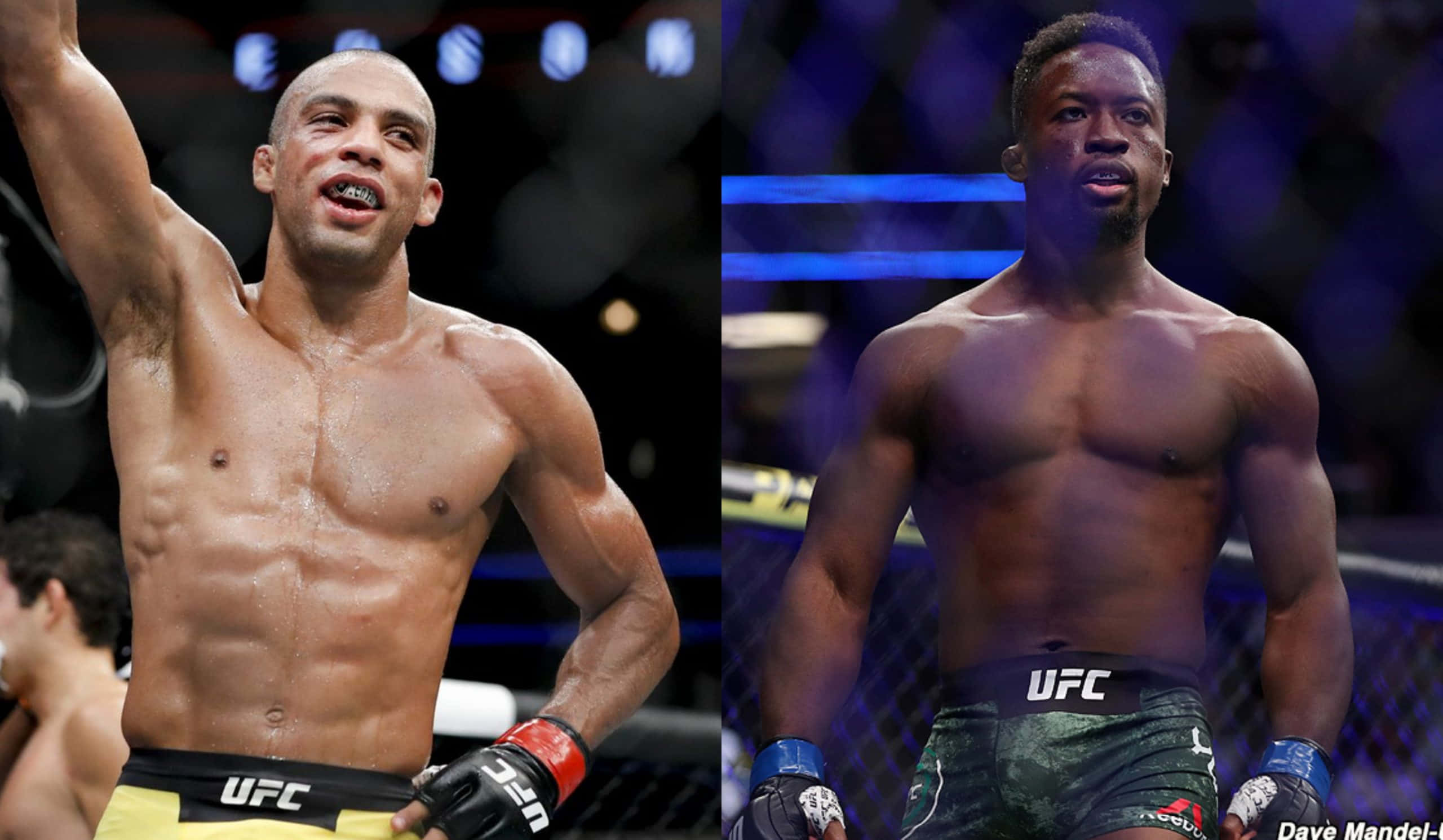 UFC 桌布 壁紙 — 兩名肌肉發達的UFC拳手穿著八角籠裝備，一人舉臂慶祝，另一人專注站立於場館燈光下。