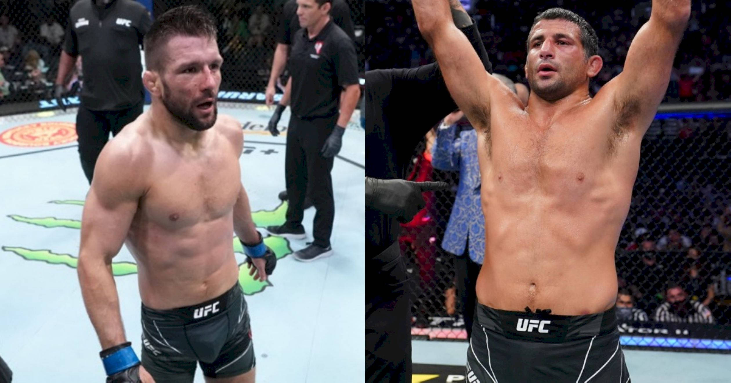 MMA 桌布 壁紙 — 兩名肌肉發達的UFC拳手穿著黑色短褲站在八角籠中，一人雙臂下垂，另一人高舉雙臂慶祝勝利。