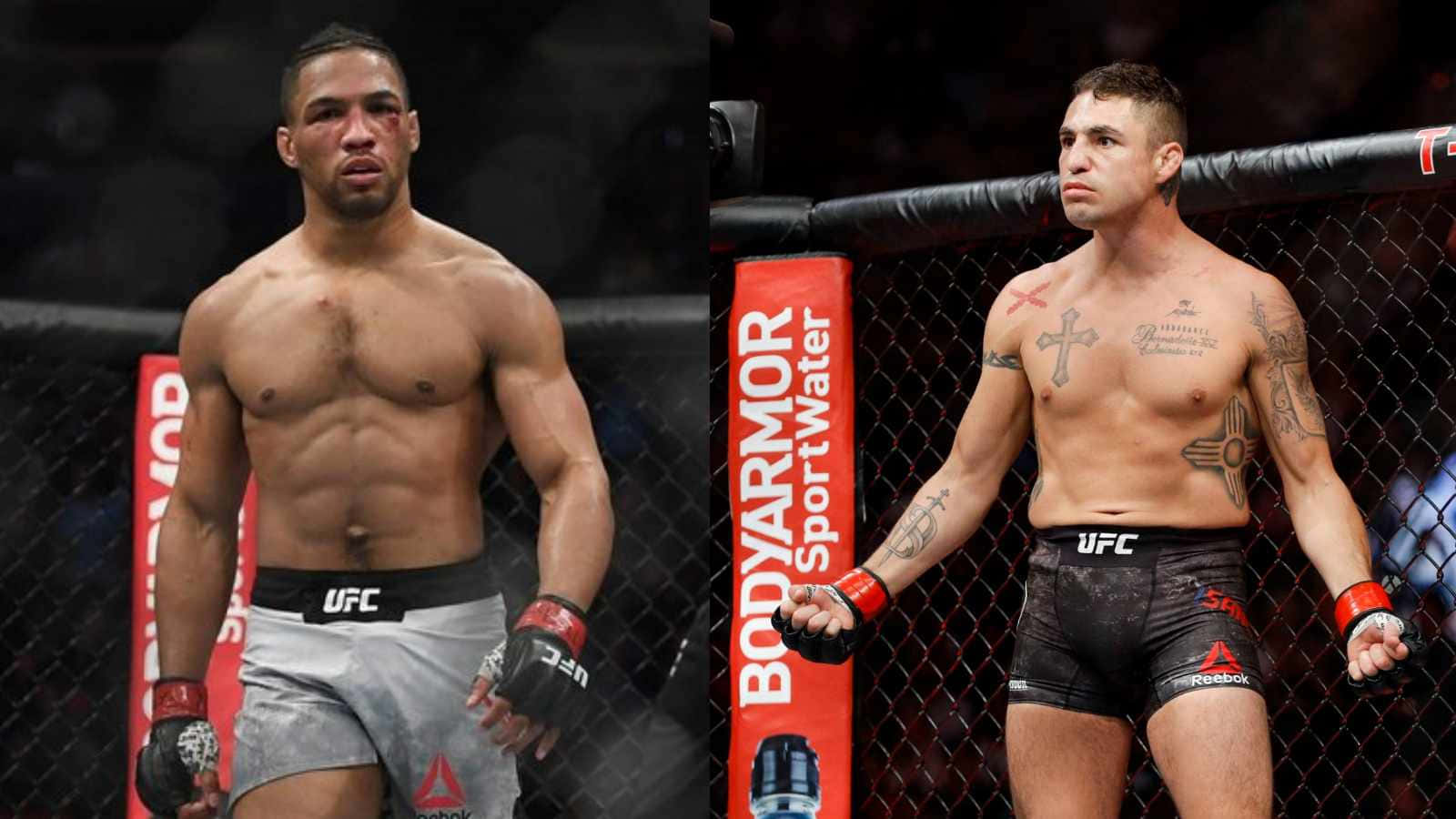 MMA 桌布 壁紙 — 兩名肌肉發達的UFC拳手站在八角籠內，一人有刺青，另一人在明亮的場館燈光下神情專注。