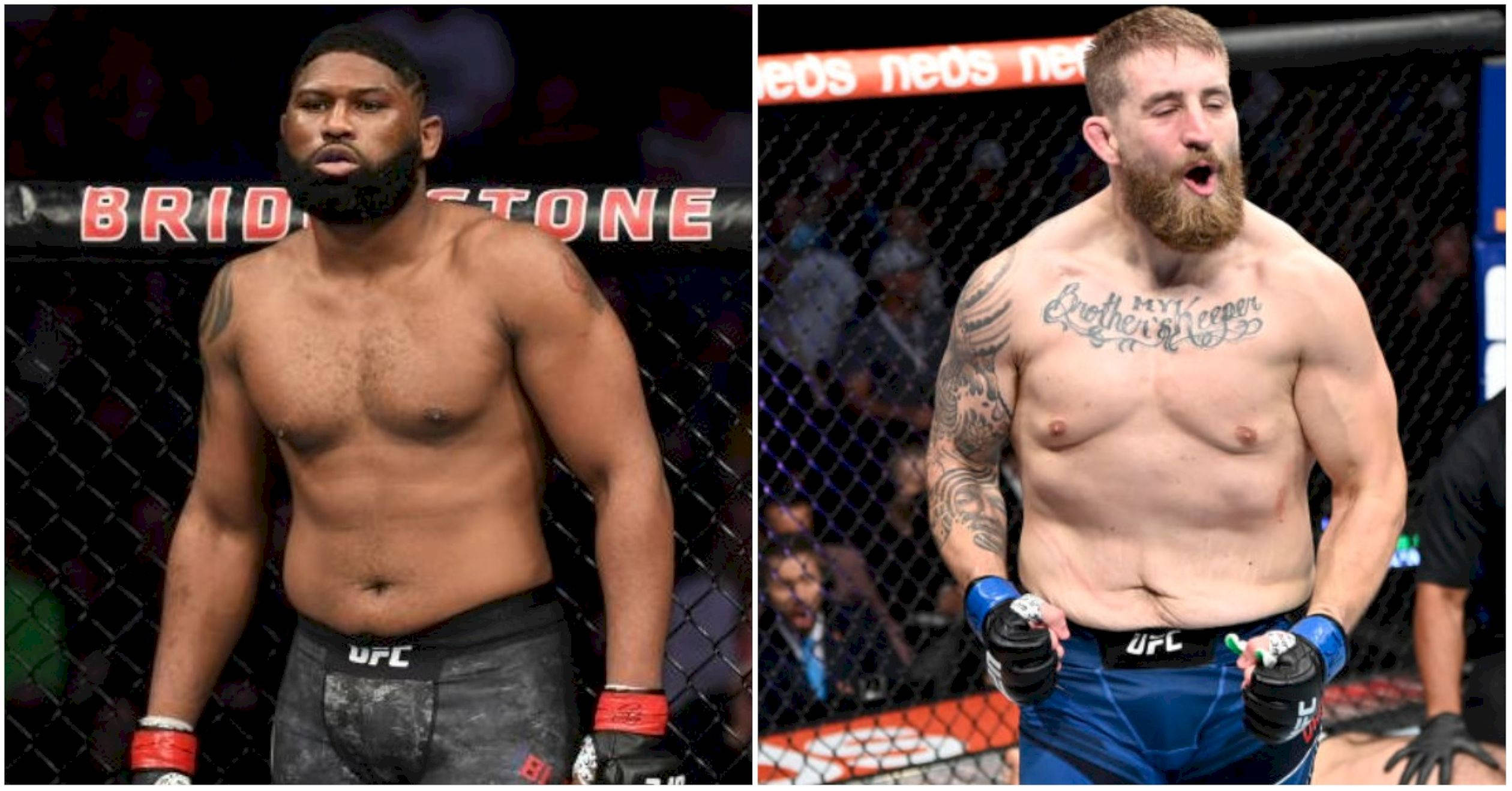 MMA 桌布 壁紙 — 兩名肌肉發達的UFC拳手站在八角籠內，一人留鬍鬚及有刺青，另一人留滿鬍鬚，兩人均戴手套及穿短褲。