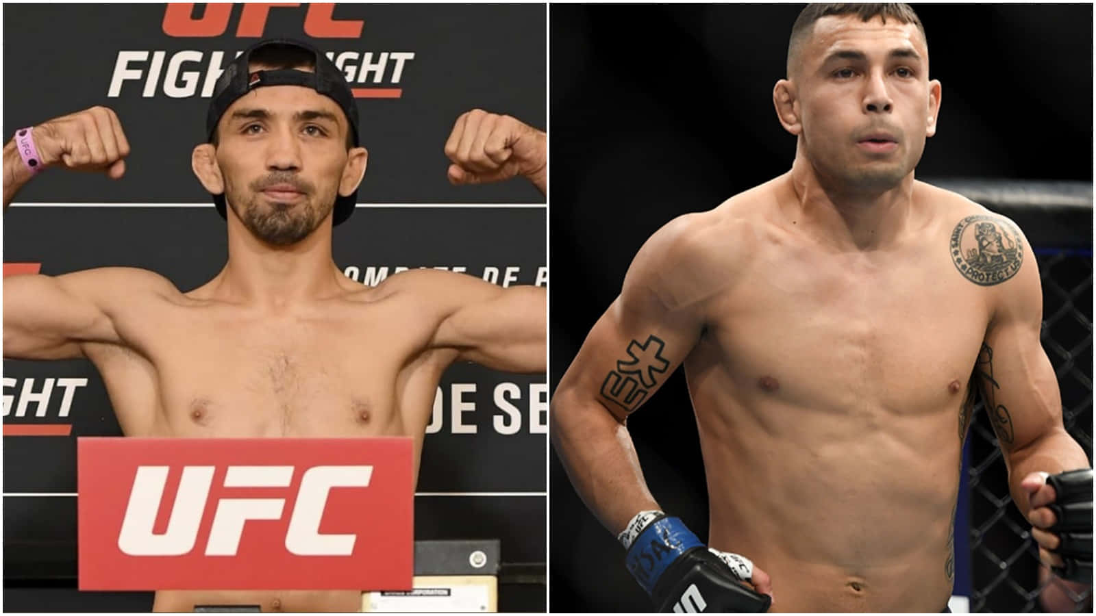 MMA 桌布 壁紙 — 兩名肌肉發達的UFC拳手自信地擺姿勢，一個在稱重時展示肌肉，另一個在八角籠中戴著手套。