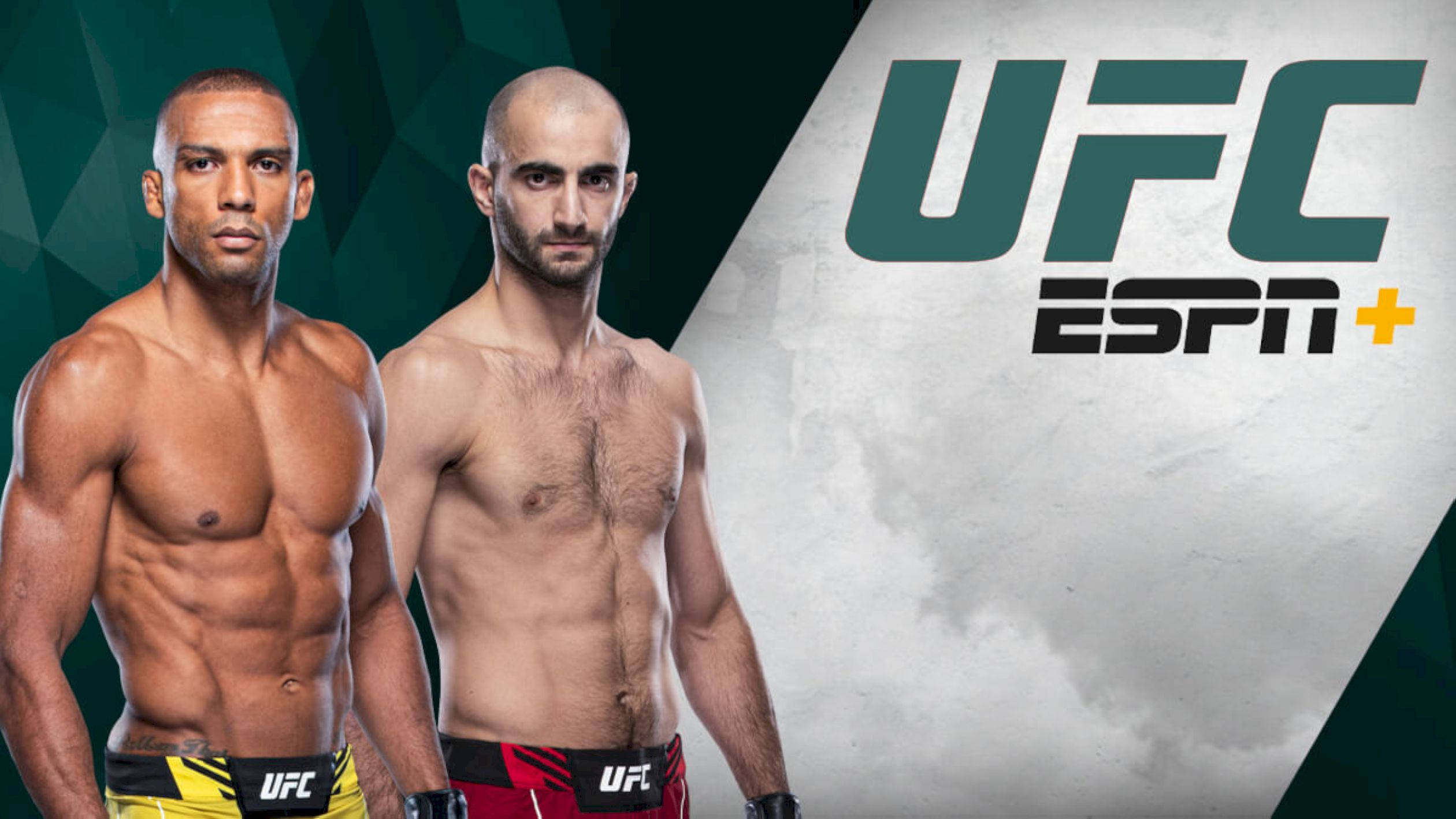 UFC 桌布 壁紙 — 兩名肌肉發達的UFC拳手自信地站在幾何綠色和灰色背景前，帶有UFC ESPN+品牌標識。