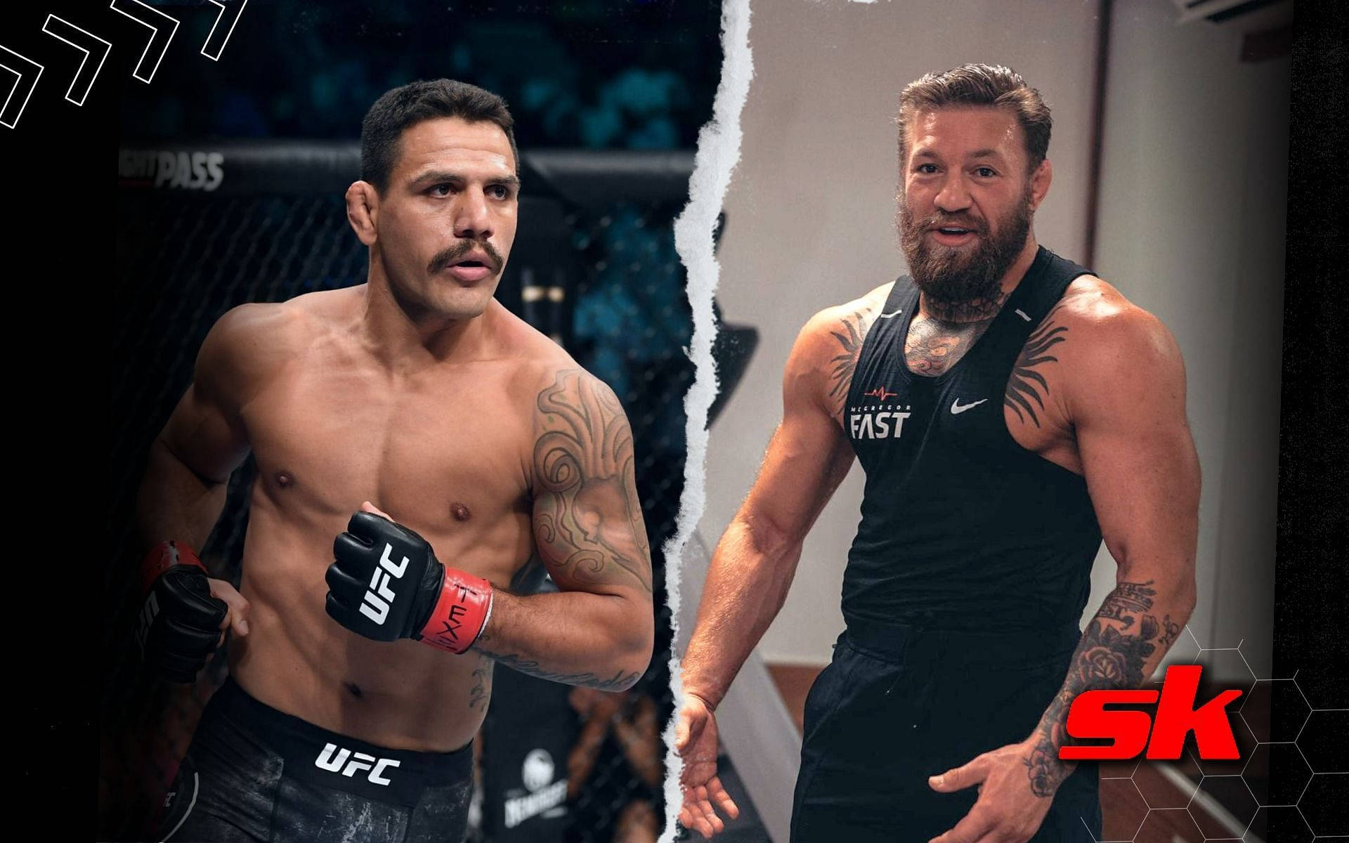 MMA 桌布 壁紙 — 兩名肌肉發達的UFC拳手被撕裂紙張效果分開，一個在八角籠中，另一個在健身房，兩人都充滿鬥志且帶有刺青。