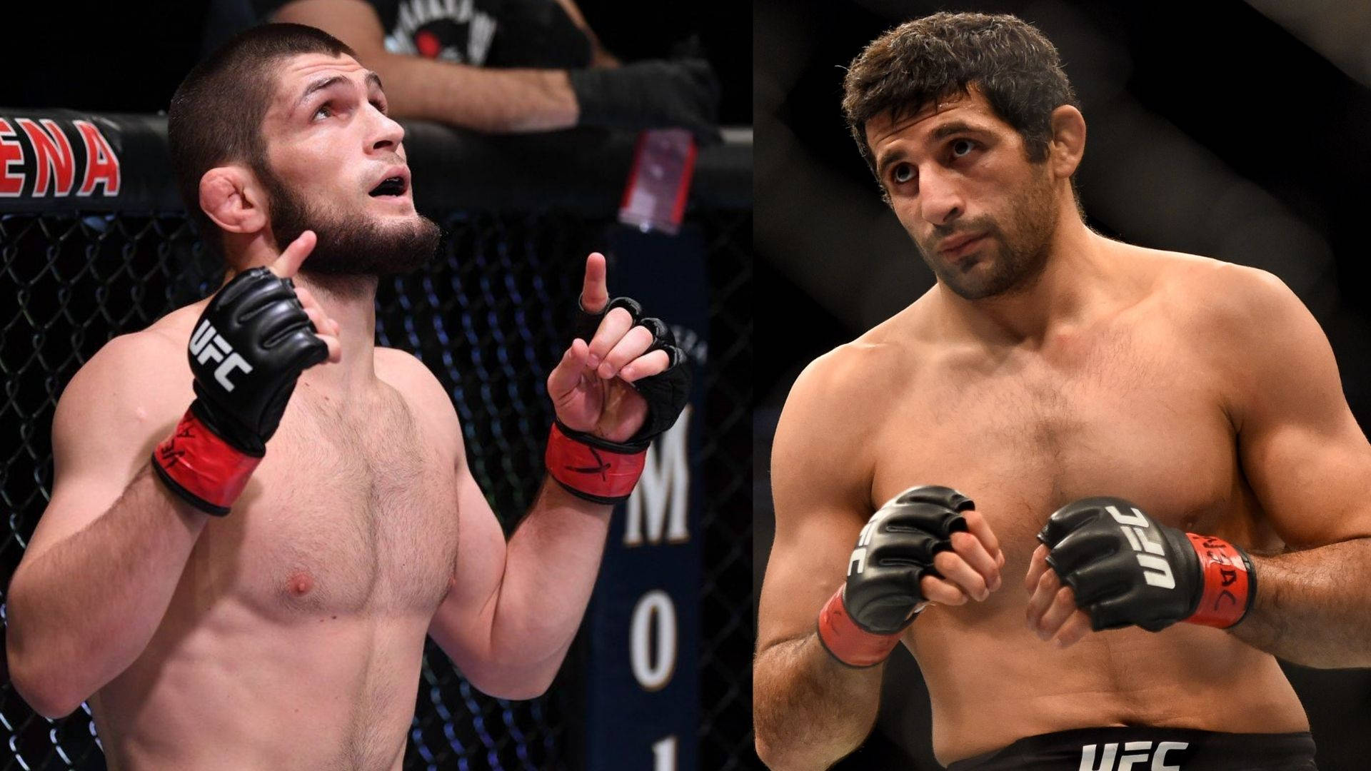 UFC 桌布 壁紙 — 兩名肌肉發達的UFC拳手身穿八角籠裝備，激烈擺姿勢，一人舉拳慶祝，另一人擺出戰鬥姿勢。