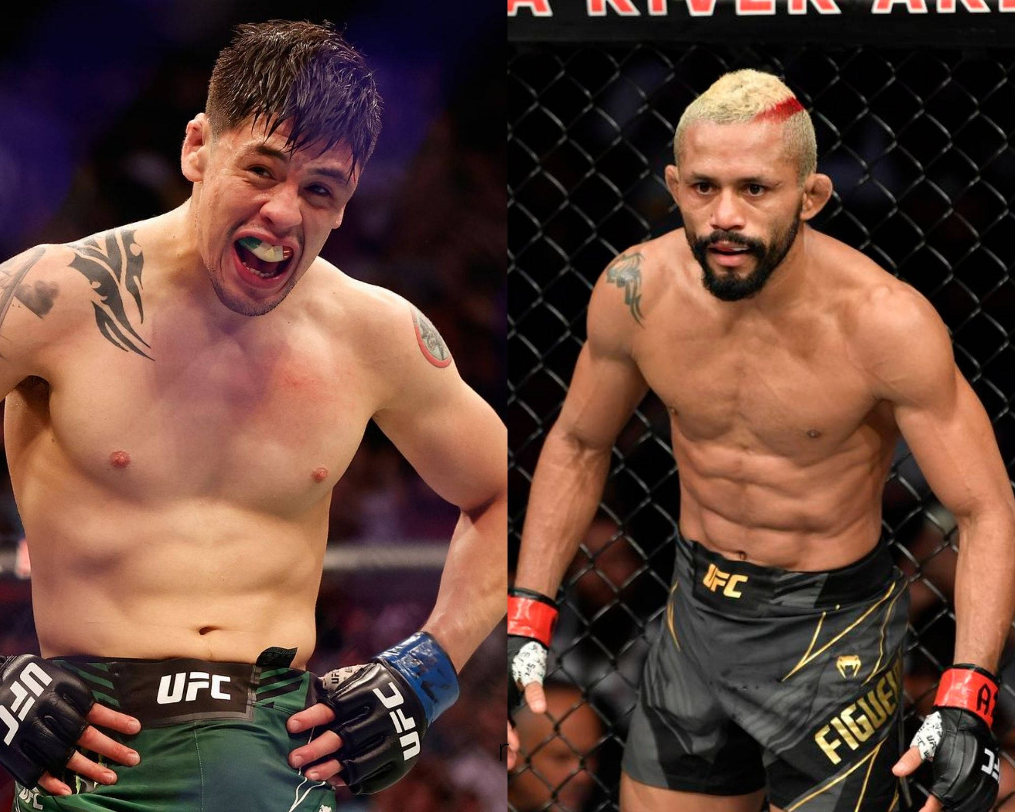 MMA 桌布 壁紙 — 兩名肌肉發達的UFC拳手身穿八角籠裝備，在綜合格鬥比賽中展現強烈的情感和專注。