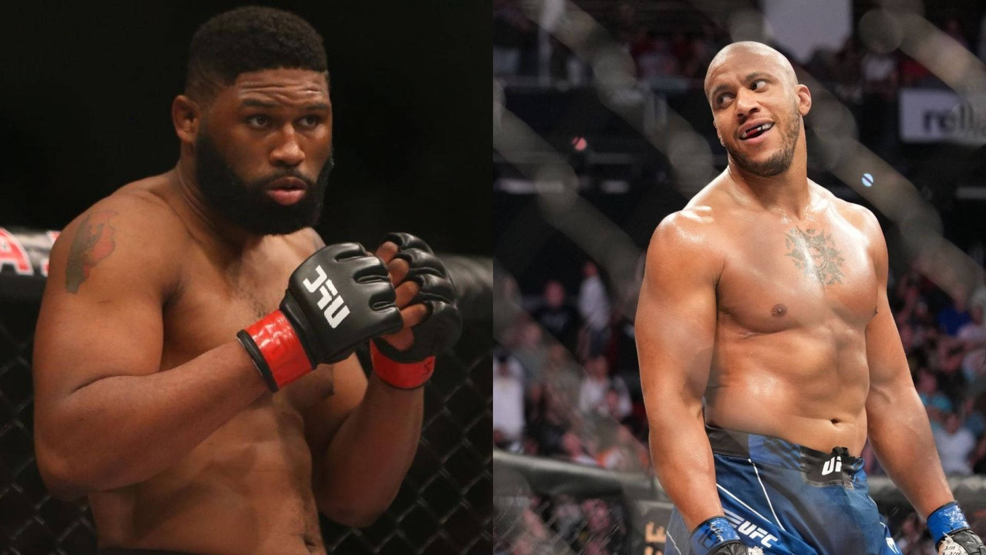 UFC 桌布 壁紙 — 兩名肌肉發達的UFC拳手身穿八角籠裝備，在比賽前互相凝視。