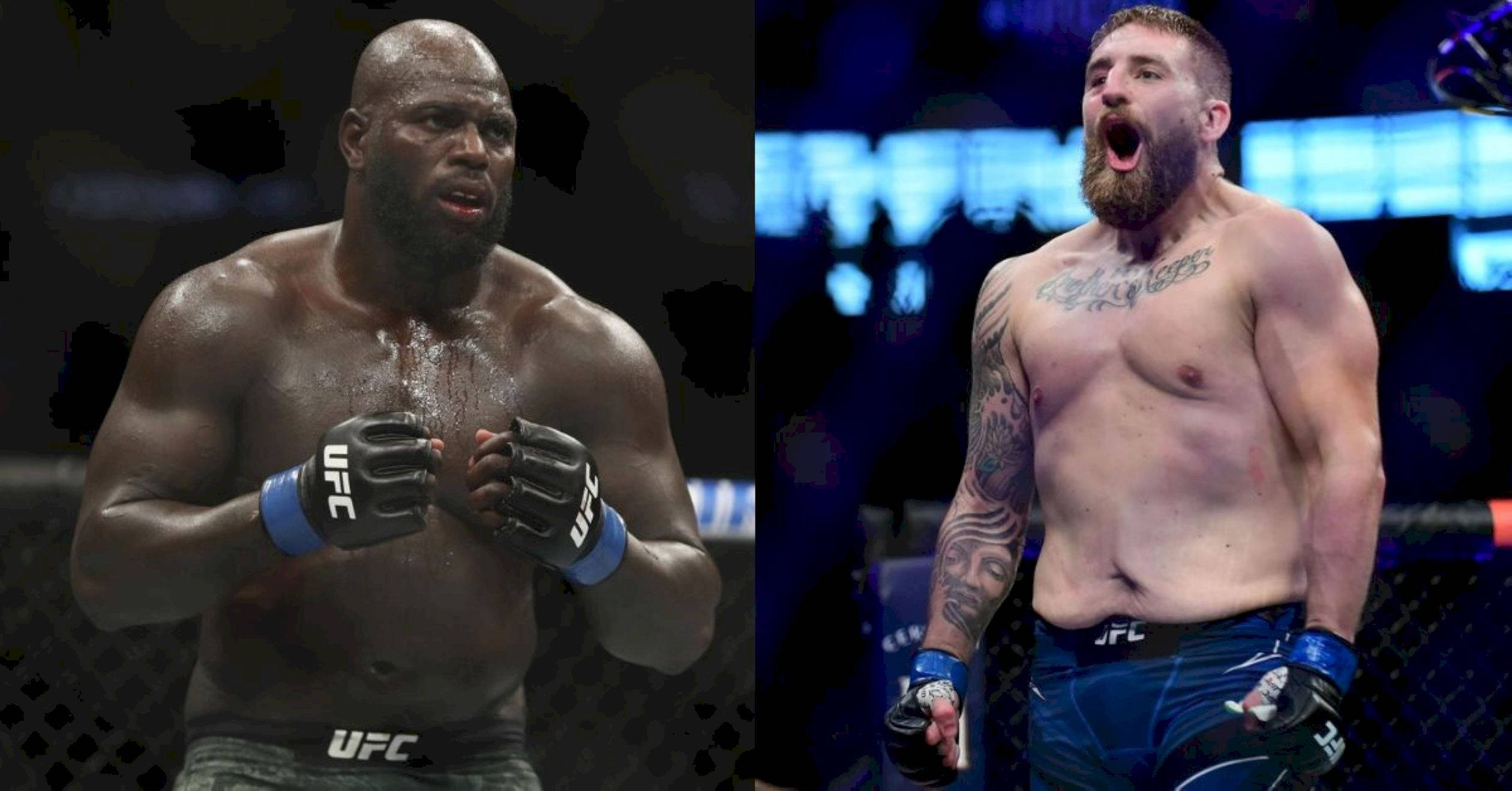 MMA 桌布 壁紙 — 兩名肌肉發達的UFC拳手身穿八角籠裝備，在場館燈光下展現強烈情緒，一人面露痛苦，另一人勝利咆哮。