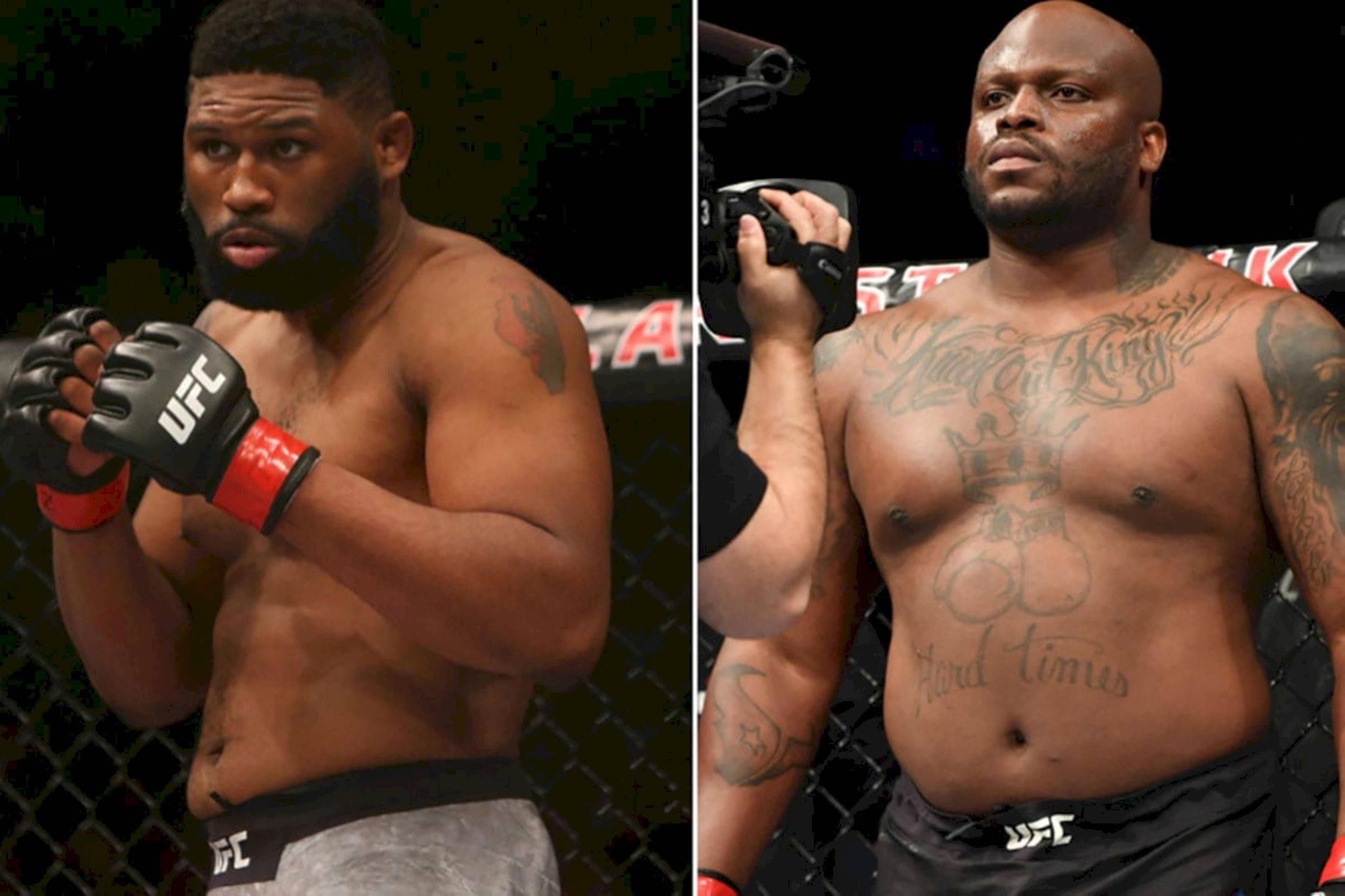 MMA 桌布 壁紙 — 兩名肌肉發達的UFC拳手身穿八角籠裝備，在黑暗的籠子背景下帶著可見的刺青和手套，擺出強烈的姿勢。