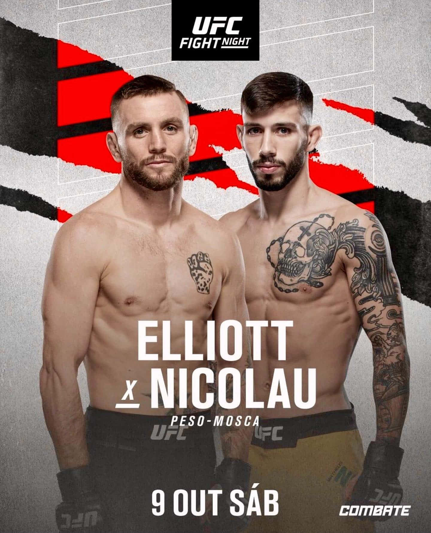 MMA 桌布 壁紙 — 兩名肌肉發達的UFC拳手面向前方，背景是撕裂的紅、黑、灰色，並有粗體文字宣佈他們的對戰。