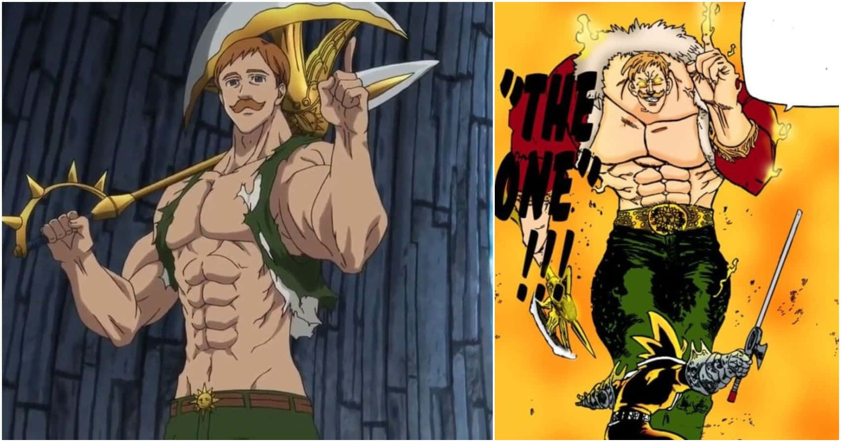 Escanor 桌布 壁紙 — 兩名肌肉發達的動漫戰士，一名手持金色長矛和頭盔，另一名咆哮著，帶著火焰和劍。