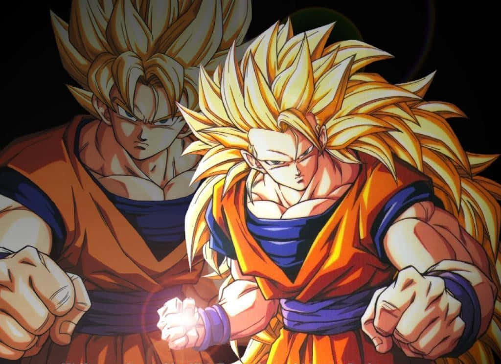 Goku Ssj3 桌布 壁紙 — 兩名肌肉發達的動漫戰士，擁有尖刺金髮和橙色道服，在黑暗背景下擺出強有力的戰鬥姿勢。