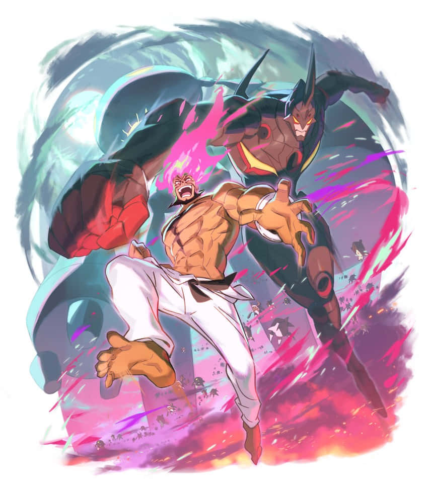 Lordgenome 桌布 壁紙 — 兩名肌肉發達的動漫戰士在充滿爆炸性粉紅和青綠能量效果的動態戰鬥中交鋒。