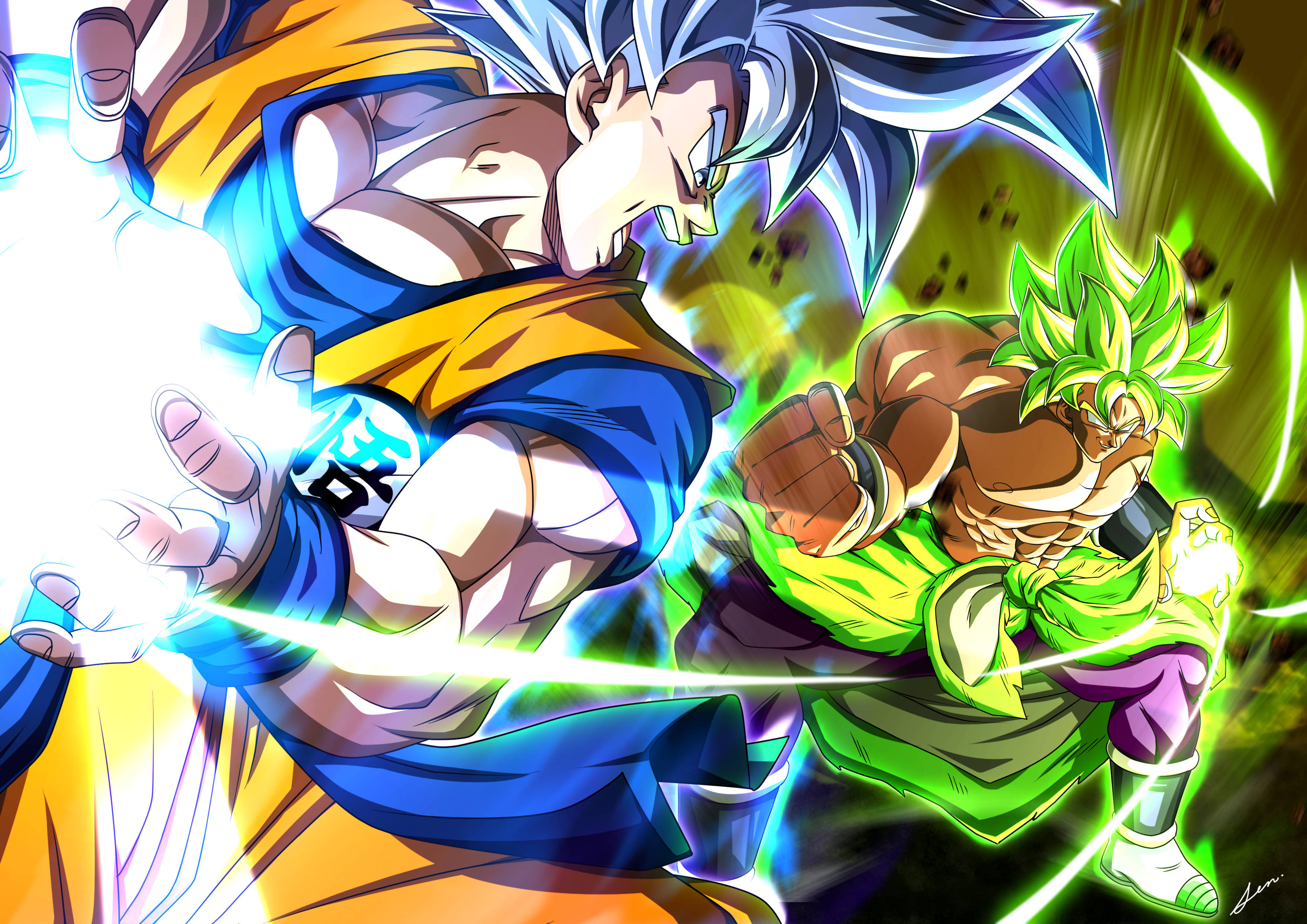Dbz 桌布 壁紙 — 兩名肌肉發達的動漫戰士在動態戰鬥中碰撞，伴隨著發光的能量光束和充滿活力的藍綠色爆炸。