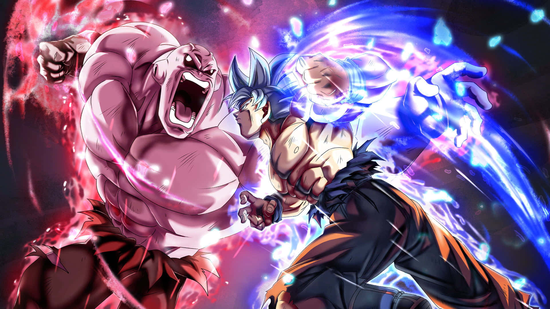 Dragon Ball Xenoverse 桌布 壁紙 — 兩名肌肉發達的動漫戰士在動態戰鬥中碰撞，周圍環繞著紅色和藍色的能量爆炸。
