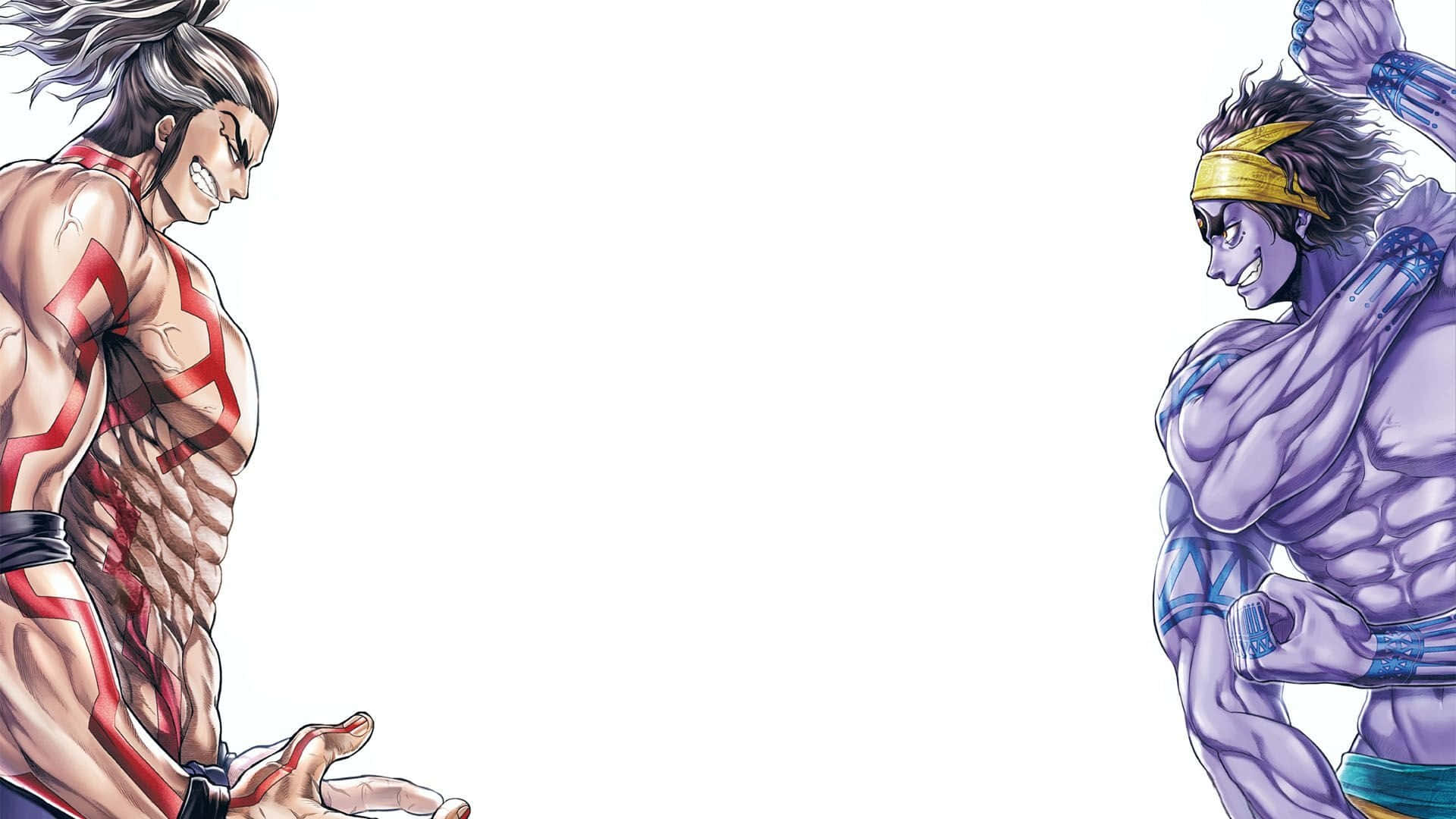 終末的女武神 桌布 壁紙 — 兩名肌肉發達的動漫戰士在純白背景下以強烈的表情對峙。