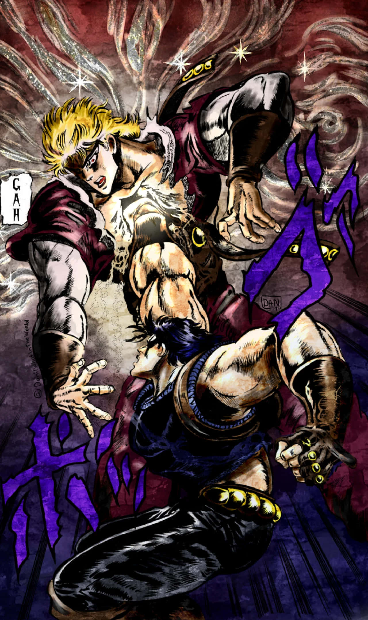 Phantom Blood 桌布 壁紙 — 兩名肌肉發達的動漫戰士在紫色能量和旋轉的紅色背景中進行動態戰鬥。