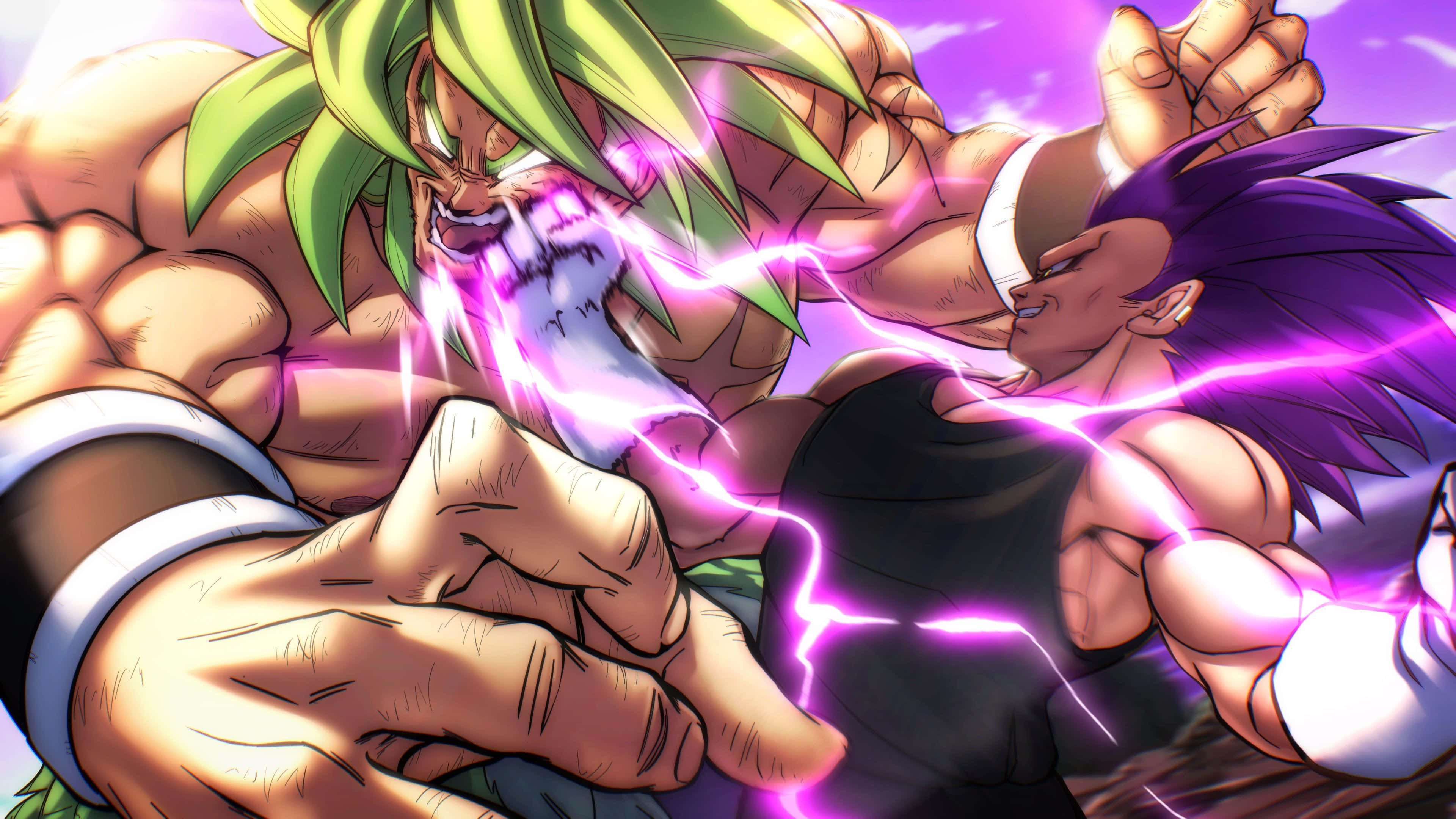 Vegeta And Broly 桌布 壁紙 — 兩名肌肉發達的動漫戰士激烈碰撞，拳頭之間閃爍著發光的紫色能量，形成一個動態的戰鬥場景。