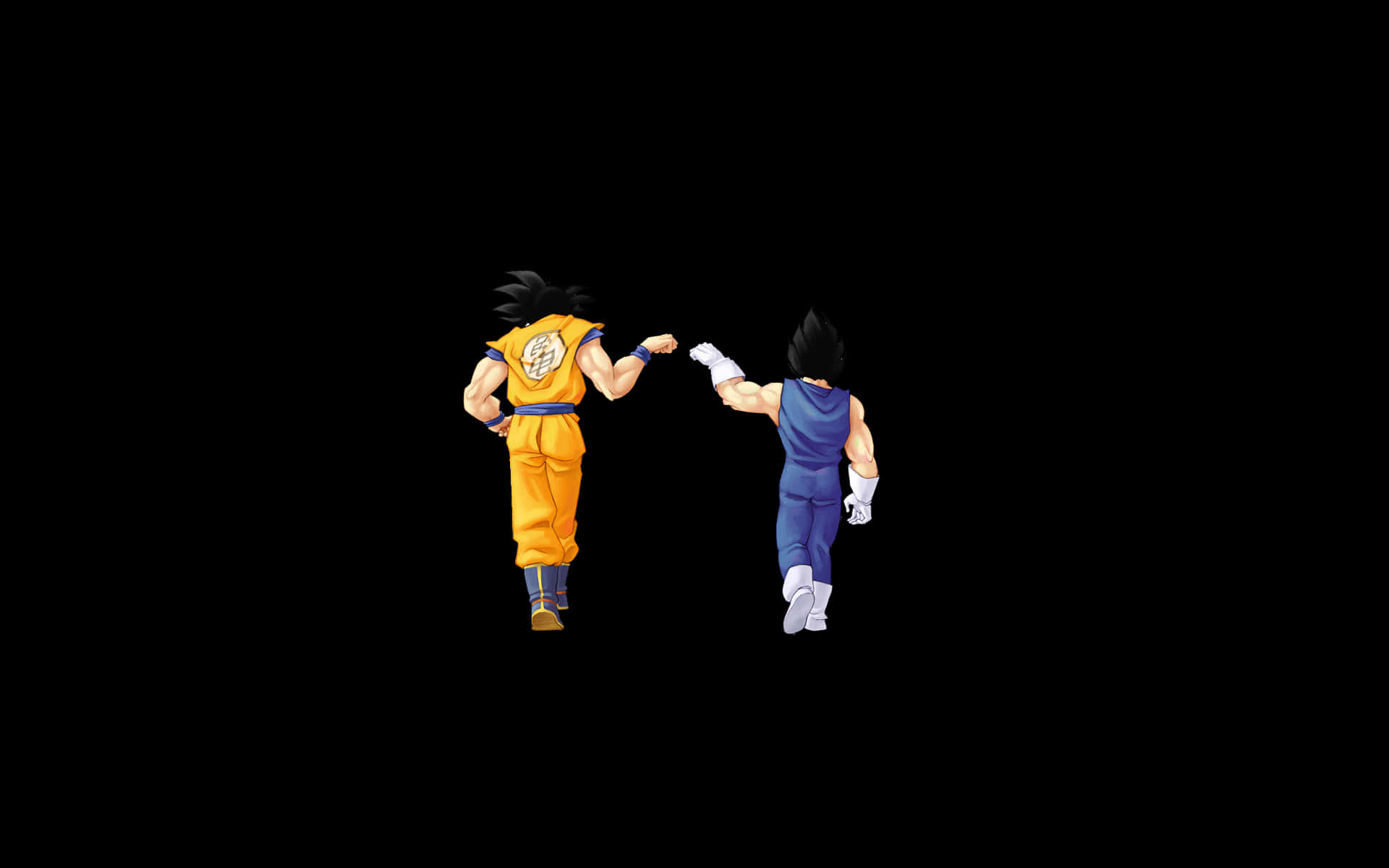 Dbz 桌布 壁紙 — 兩名肌肉發達的動漫戰士身穿橙色和藍色道服，在純黑色背景前對峙。