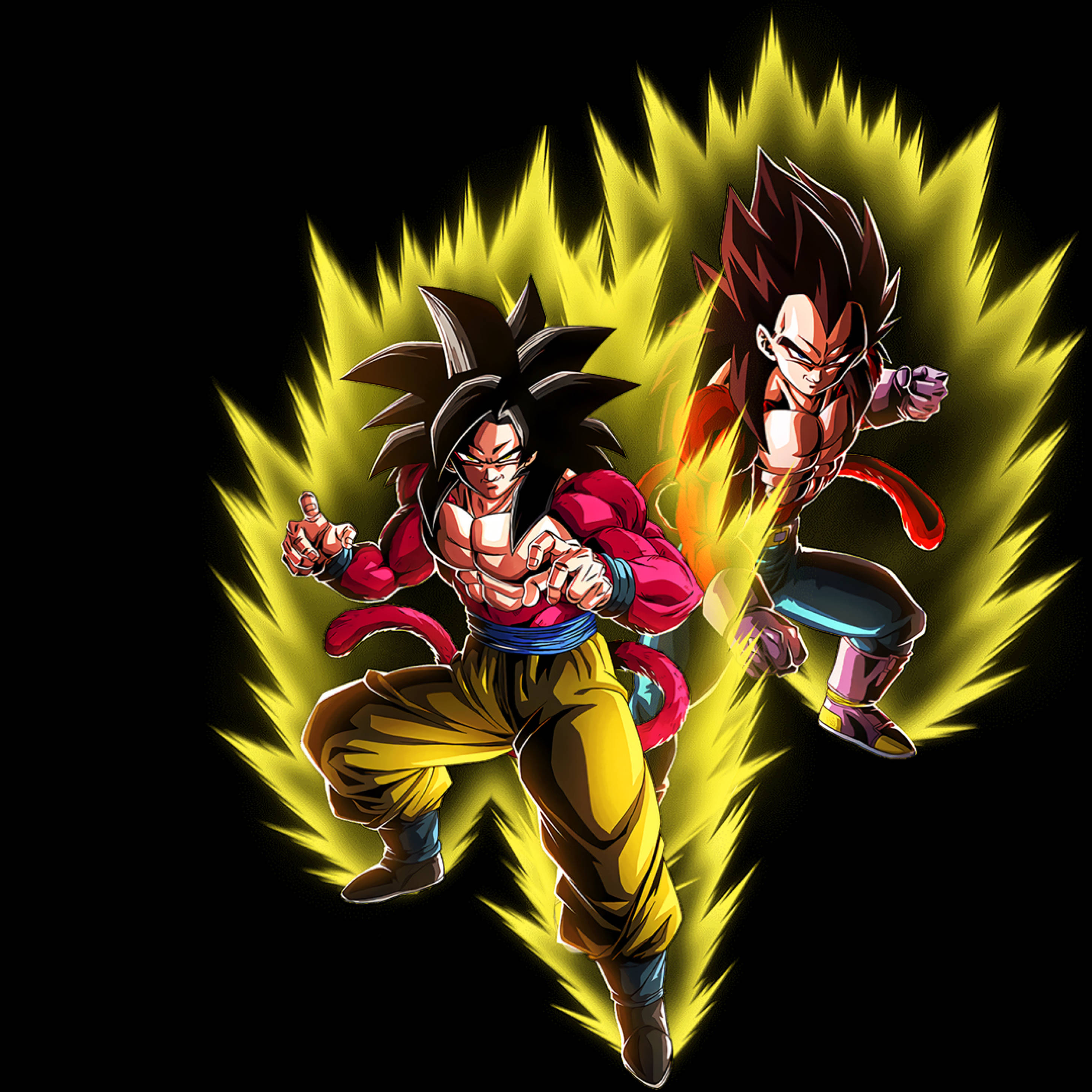 Ssj4 Goku 桌布 壁紙 — 兩名肌肉發達的動漫戰士身穿紅色和黃色戰鬥裝備，向黑色虛空釋放出發光的黃色能量衝擊波。