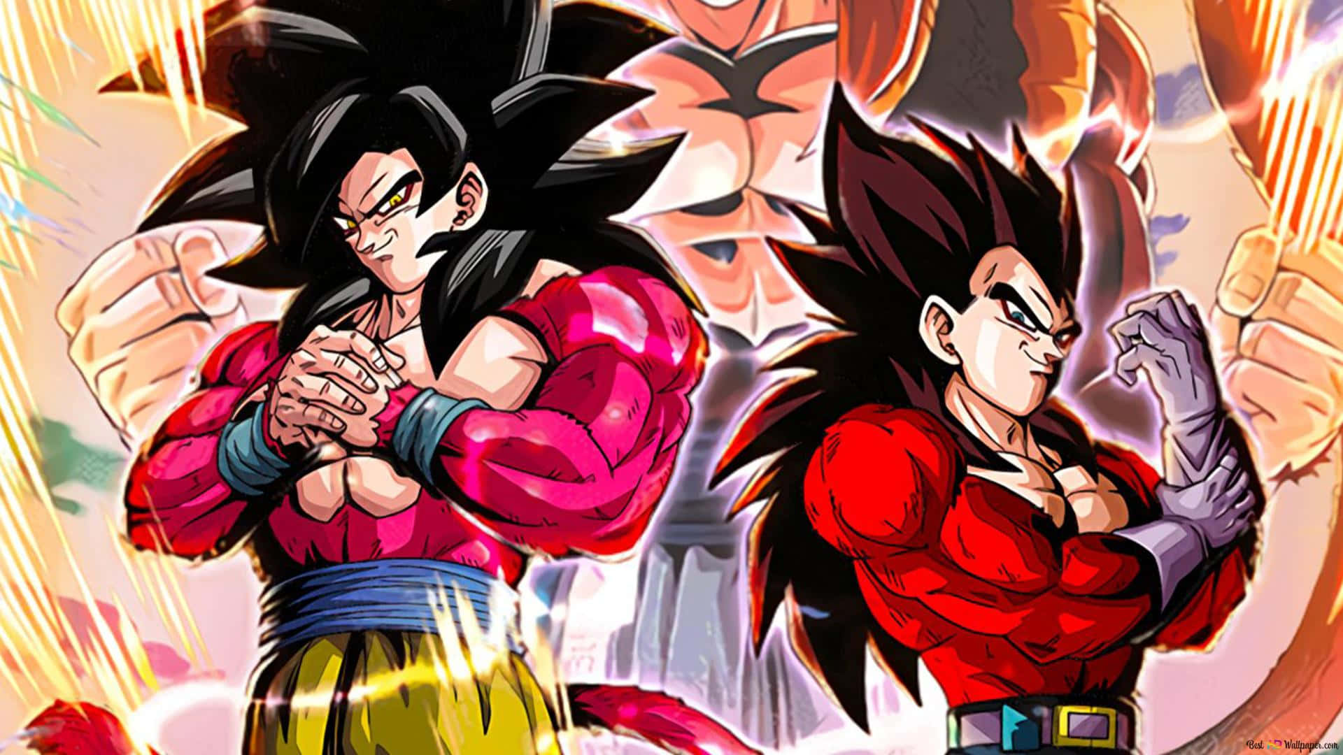 Goku Super Saiyan 4 桌布 壁紙 — 兩名肌肉發達的動漫戰士身穿紅黃戰鬥裝備，在熾熱背景中以發光能量拳頭交鋒。