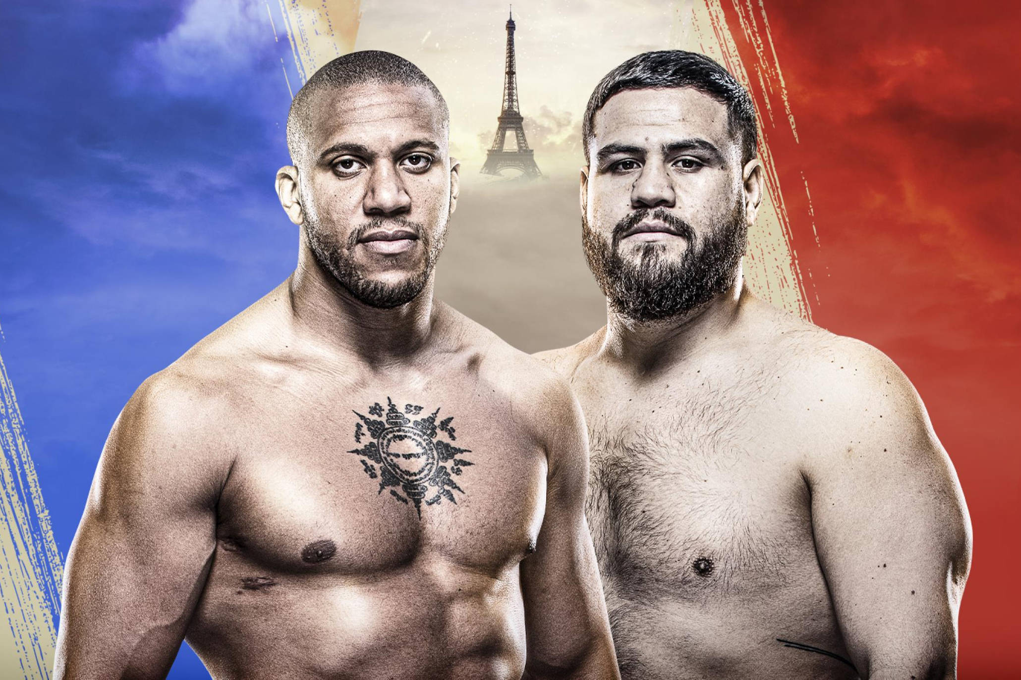 MMA 桌布 壁紙 — 兩名肌肉發達的戰士嚴肅地面向前方站立，背後可見艾菲爾鐵塔，背景為風格化的藍色和紅色。