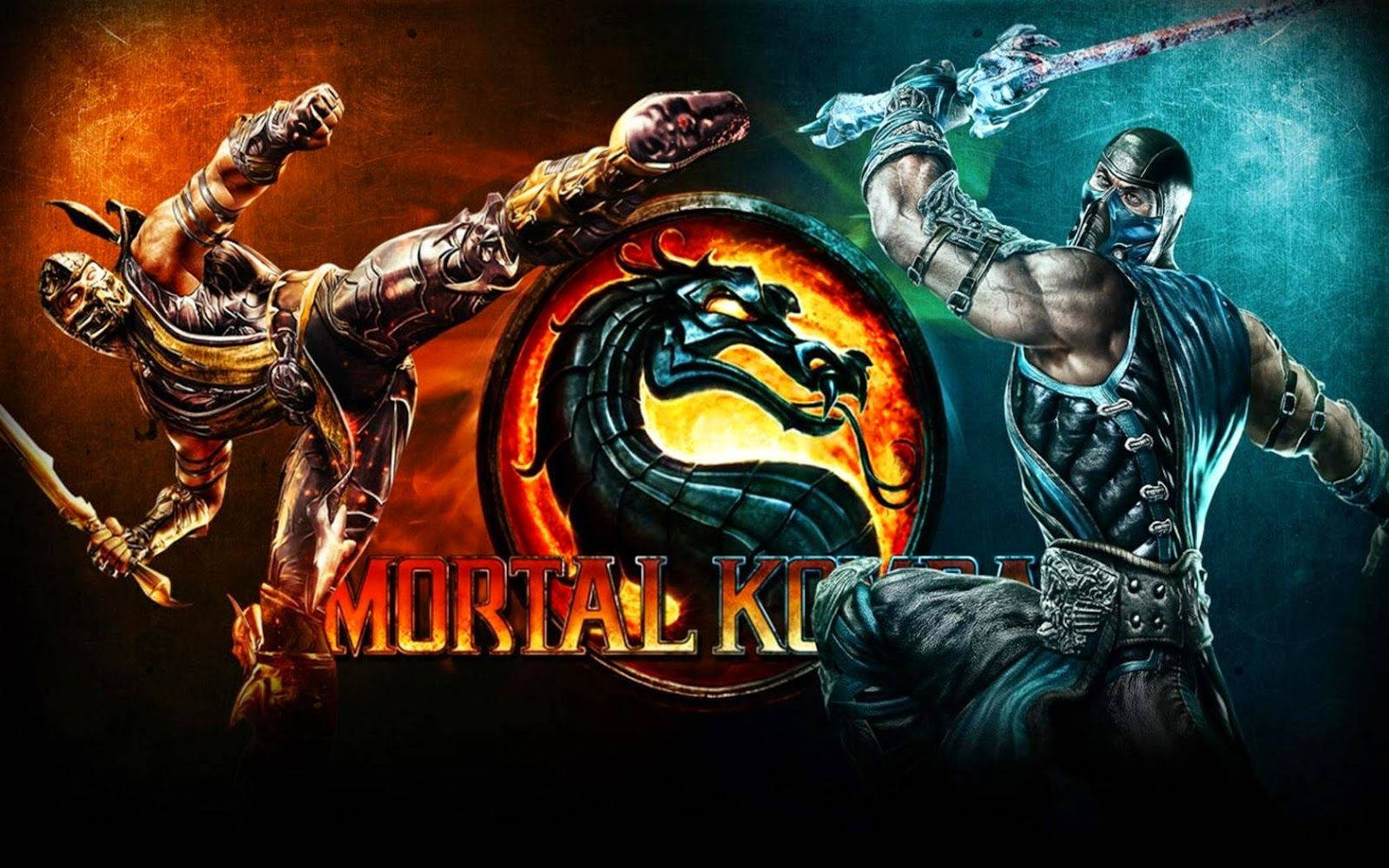 真人快打 桌布 壁紙 — 兩名肌肉發達的戰士在 Mortal Kombat 龍標誌的框架下，進行一場火與冰的對決。