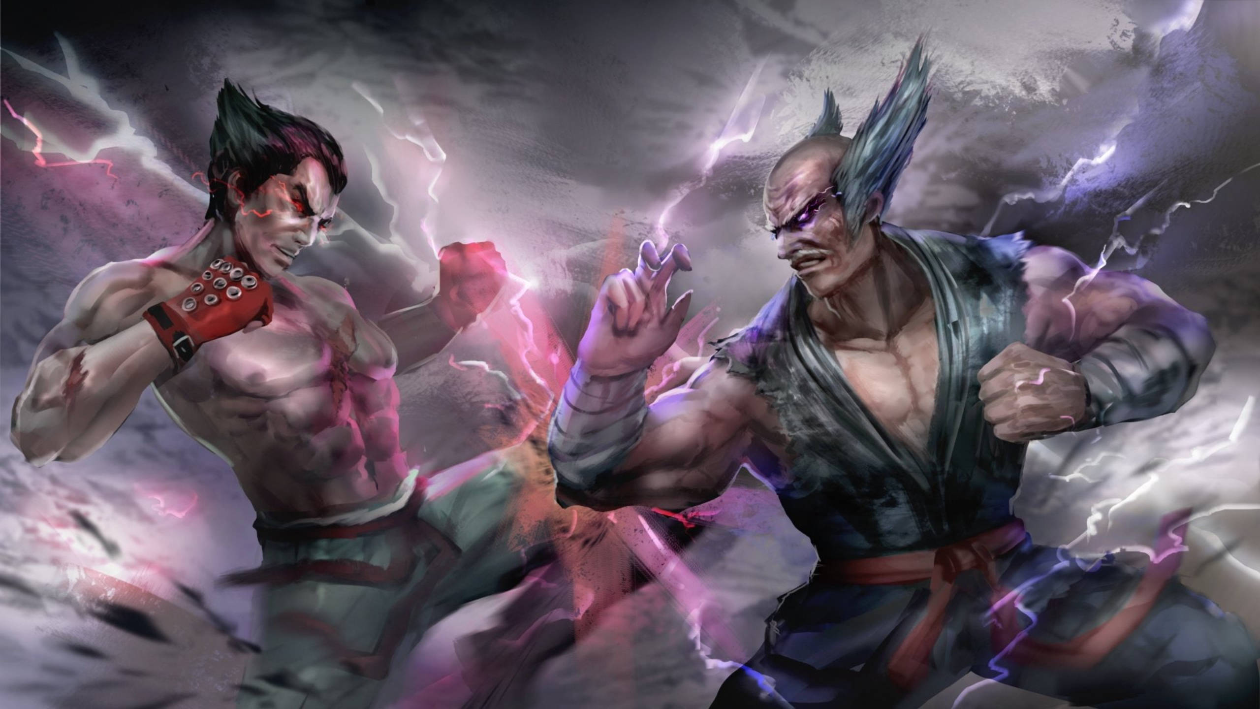 kazuya mishima 桌布 壁紙 — 兩名肌肉發達的戰士在暴風雨的天空中碰撞，拳頭周圍閃爍著劈啪作響的閃電。