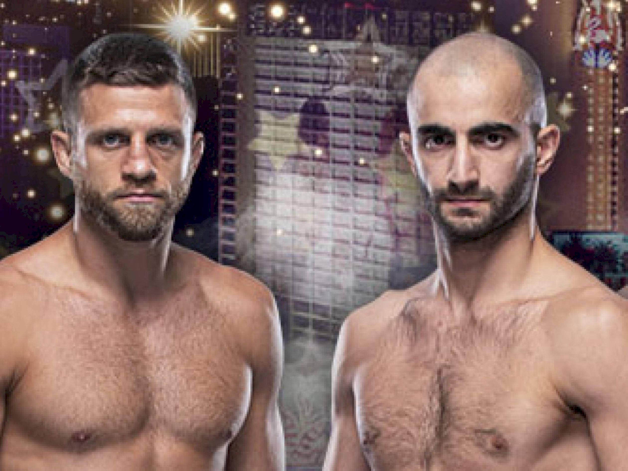 UFC 桌布 壁紙 — 兩名肌肉發達的戰士在閃爍燈光的城市景觀背景下，凝視著鏡頭。