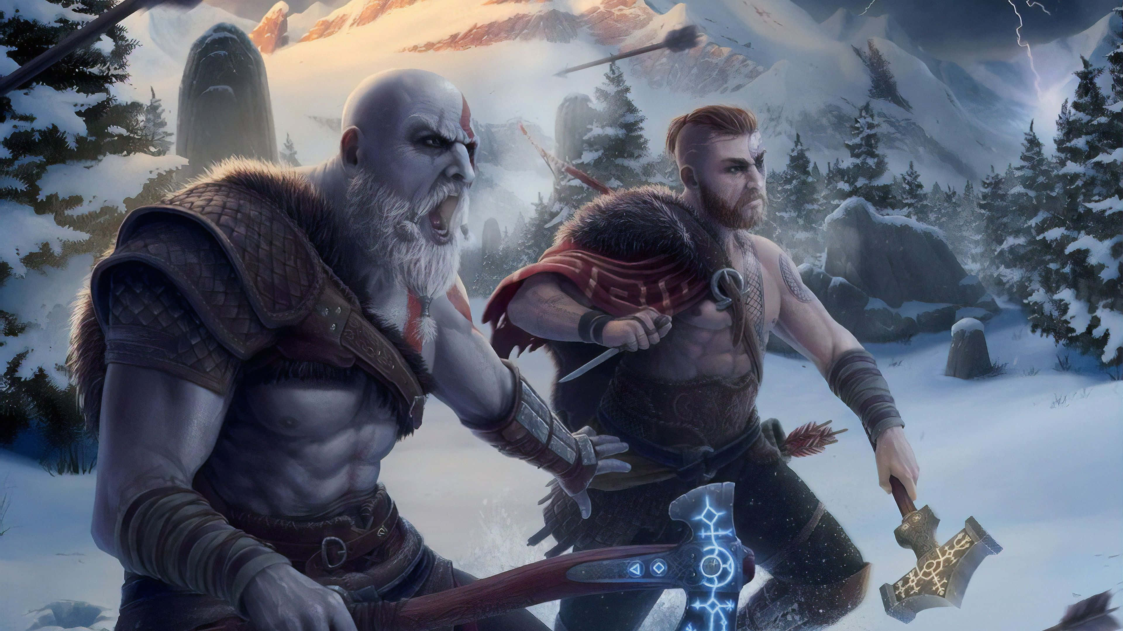 God Of War Characters 桌布 壁紙 — 兩名肌肉發達的戰士在風雪交加的山林間，於閃電交織的暴風雨天空下激烈交鋒。