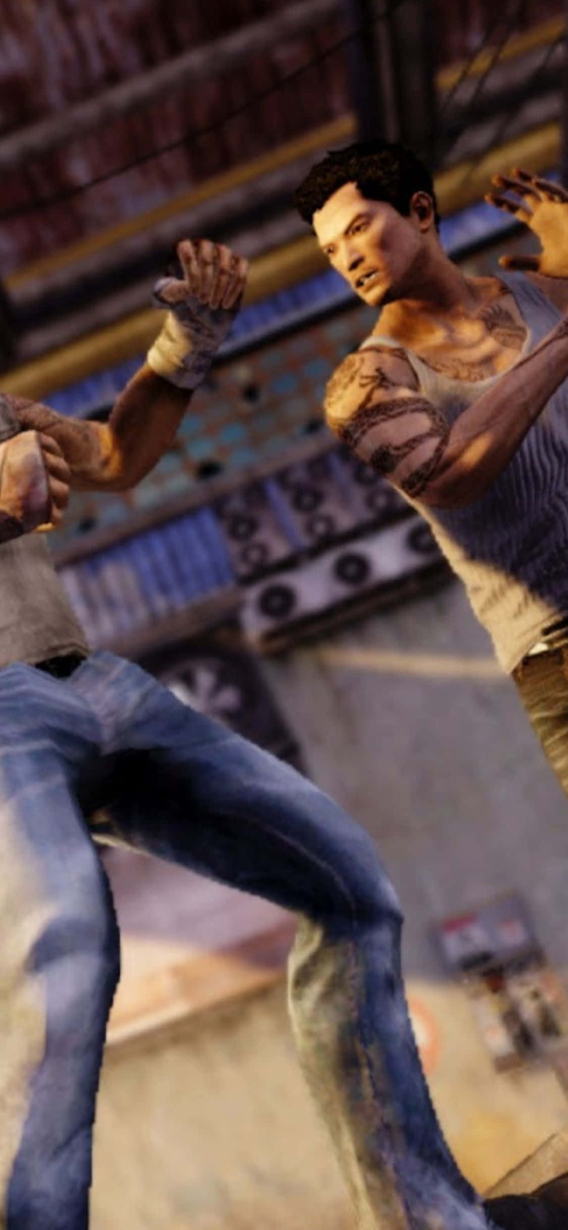 iPhone Xs Sleeping Dogs 桌布 壁紙 — 兩名肌肉發達的戰士在骯髒的城市小巷中擺出緊張的徒手格鬥姿勢。