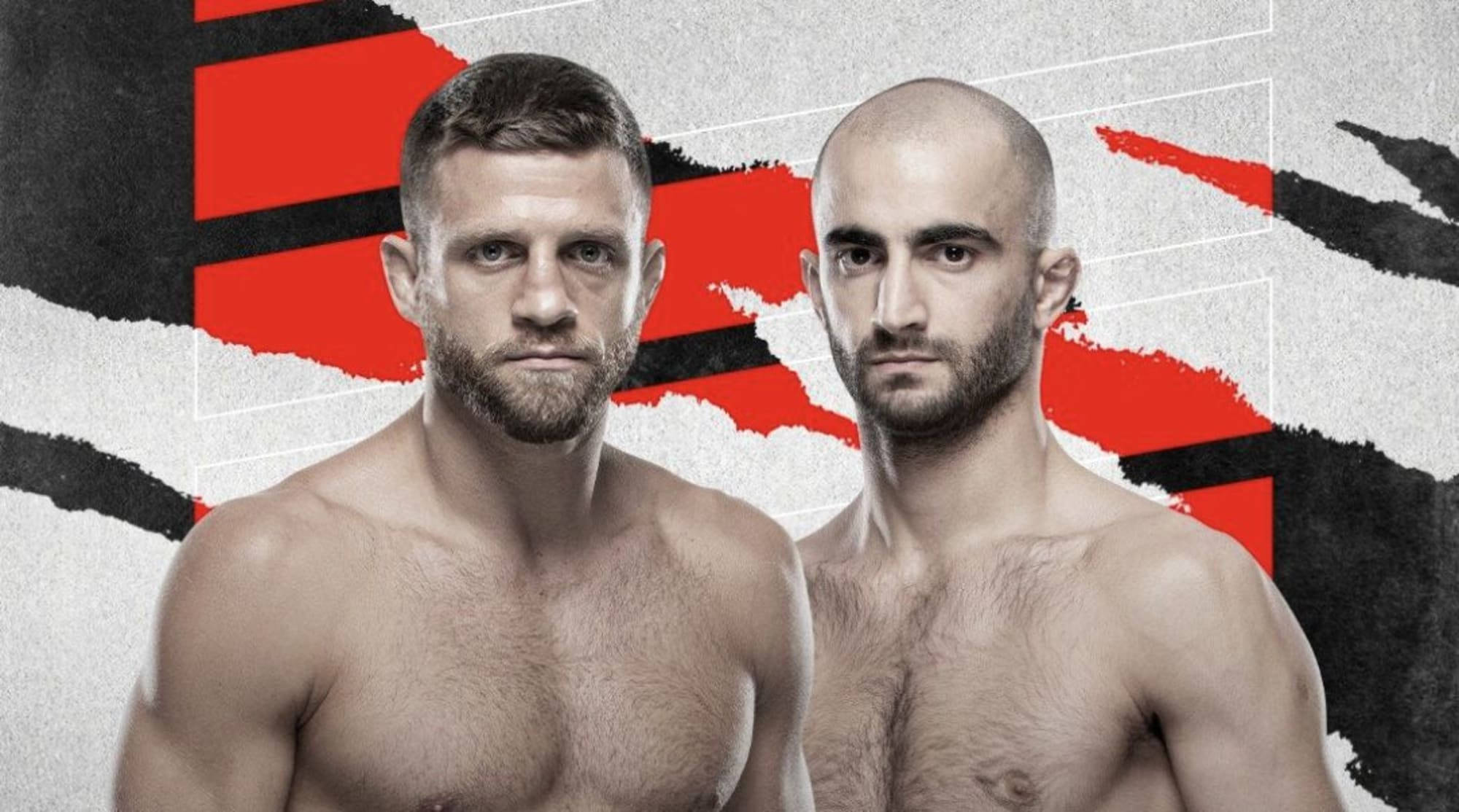 UFC 桌布 壁紙 — 兩名肌肉發達的戰士在鮮明的紅、黑、白圖形背景前凝視著對方。