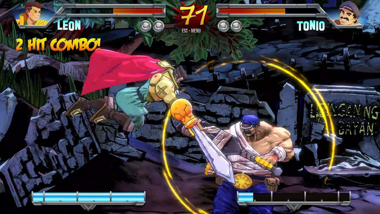 Fighting Games 桌布 壁紙 — 兩名肌肉發達的戰士在黑暗的墓地中碰撞，伴隨著發光的黃色能量弧線和連擊文字疊加。