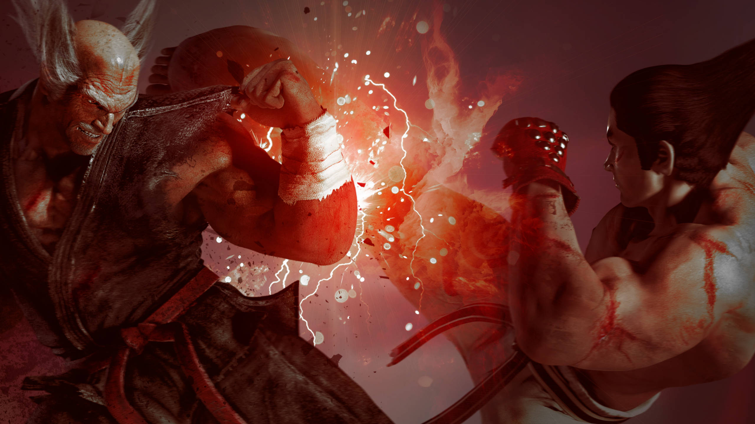 Tekken 桌布 壁紙 — 兩名肌肉發達的戰士在黑暗的競技場中，拳頭相撞，迸發出火花和閃電的熾熱爆炸。