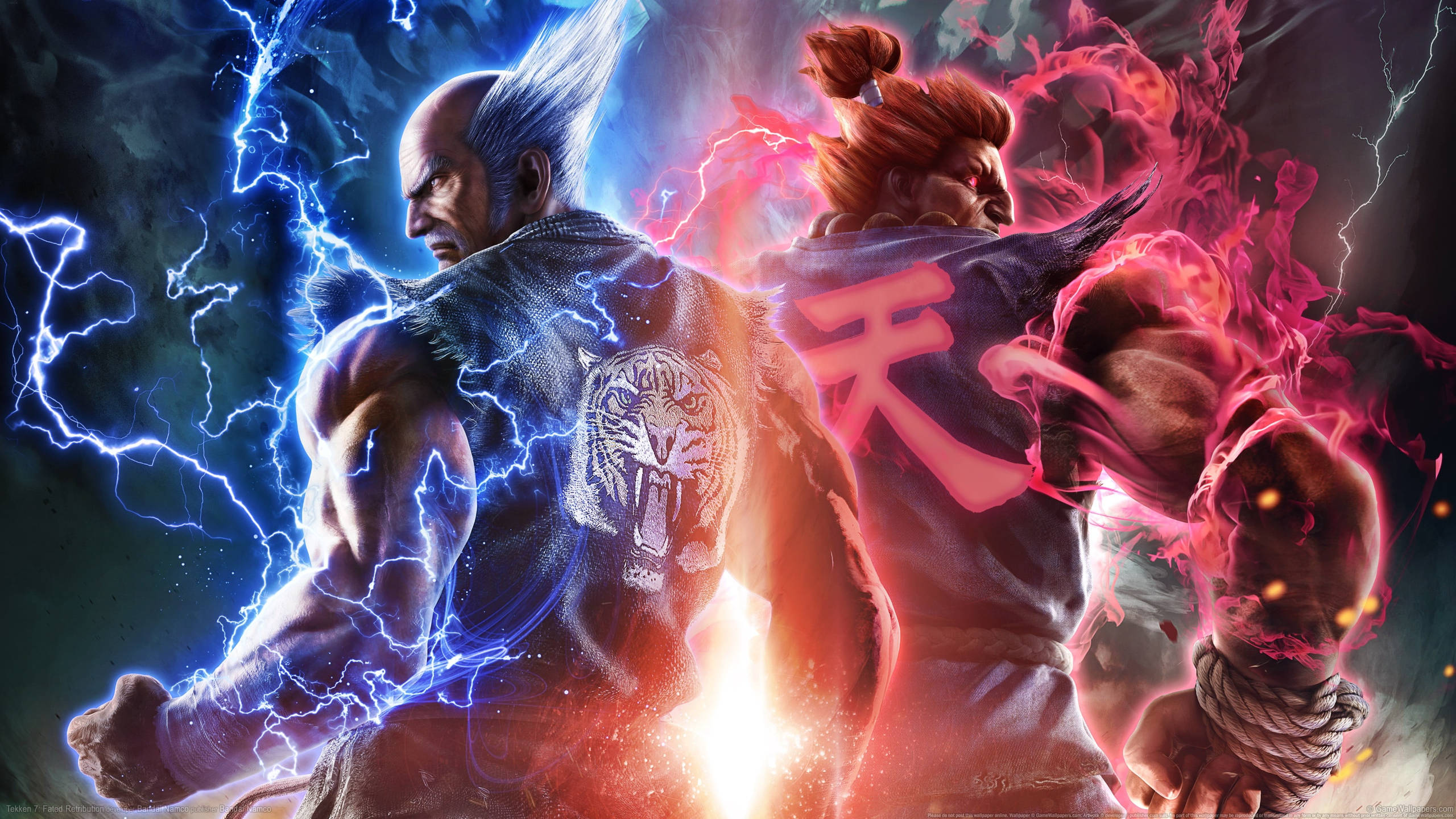 Tekken 桌布 壁紙 — 兩名肌肉發達的戰士在黑暗風暴背景下碰撞，藍色閃電和紅色能量從他們的身體散發出來。
