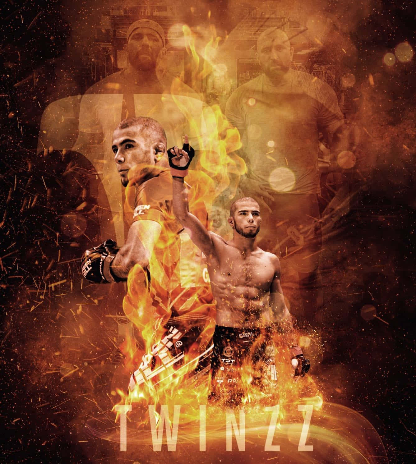 MMA 桌布 壁紙 — 兩名肌肉發達的戰士從火焰中出現，表情激烈，拳頭高舉，背景是熊熊烈火。