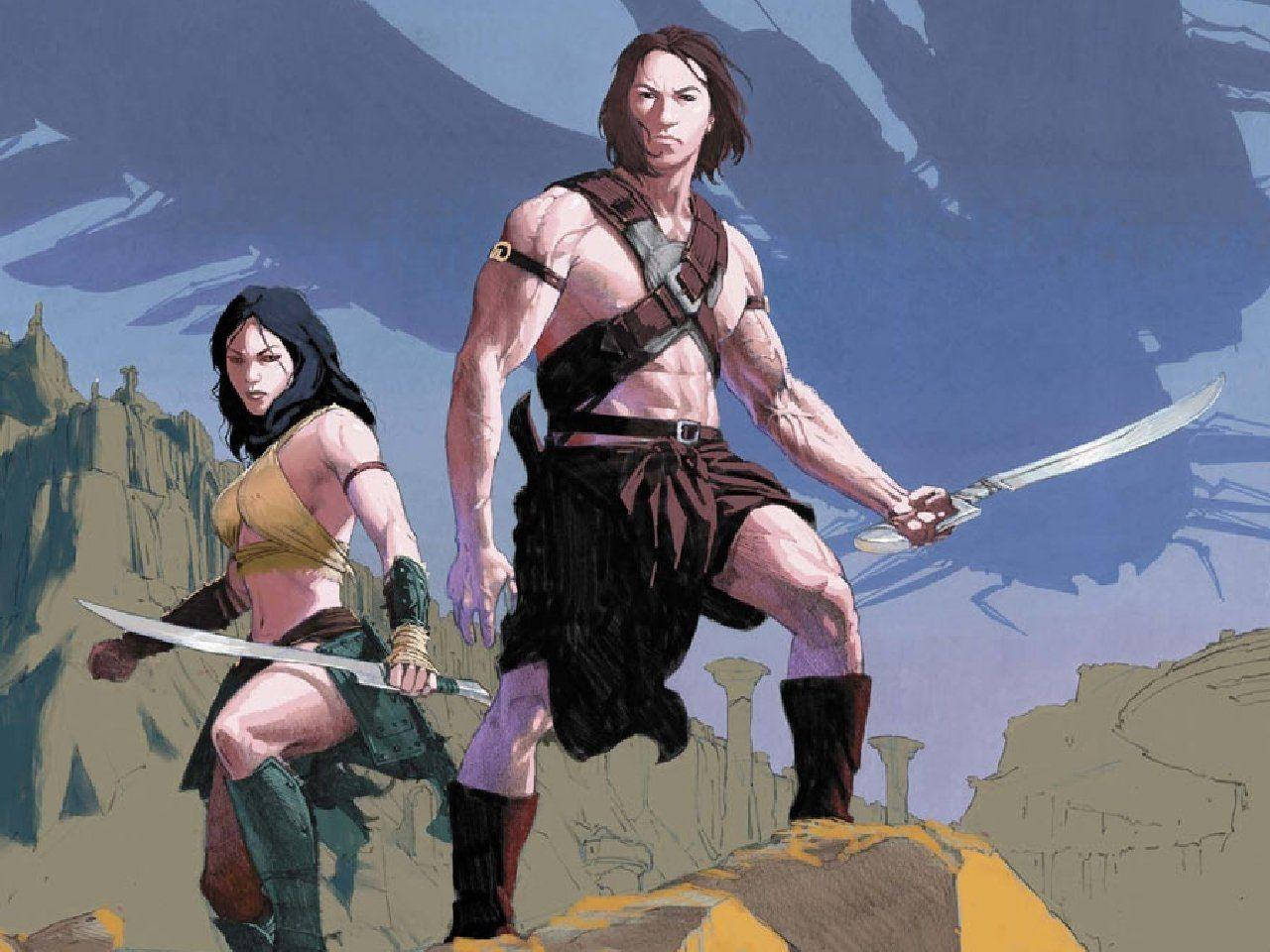 john carter 桌布 壁紙 — 兩名肌肉發達的戰士手持劍，在戲劇性的藍天下準備就緒，站在岩石地形上。