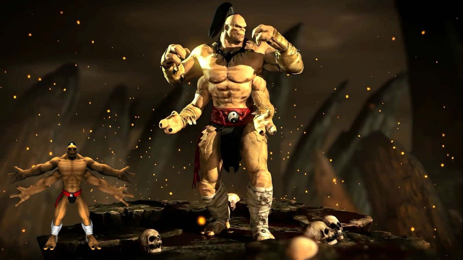 Mortal Kombat Goro 桌布 壁紙 — 兩名肌肉發達的戰士站在黃昏時分散落頭骨的懸崖上，黑暗的天空中漂浮著發光的餘燼。