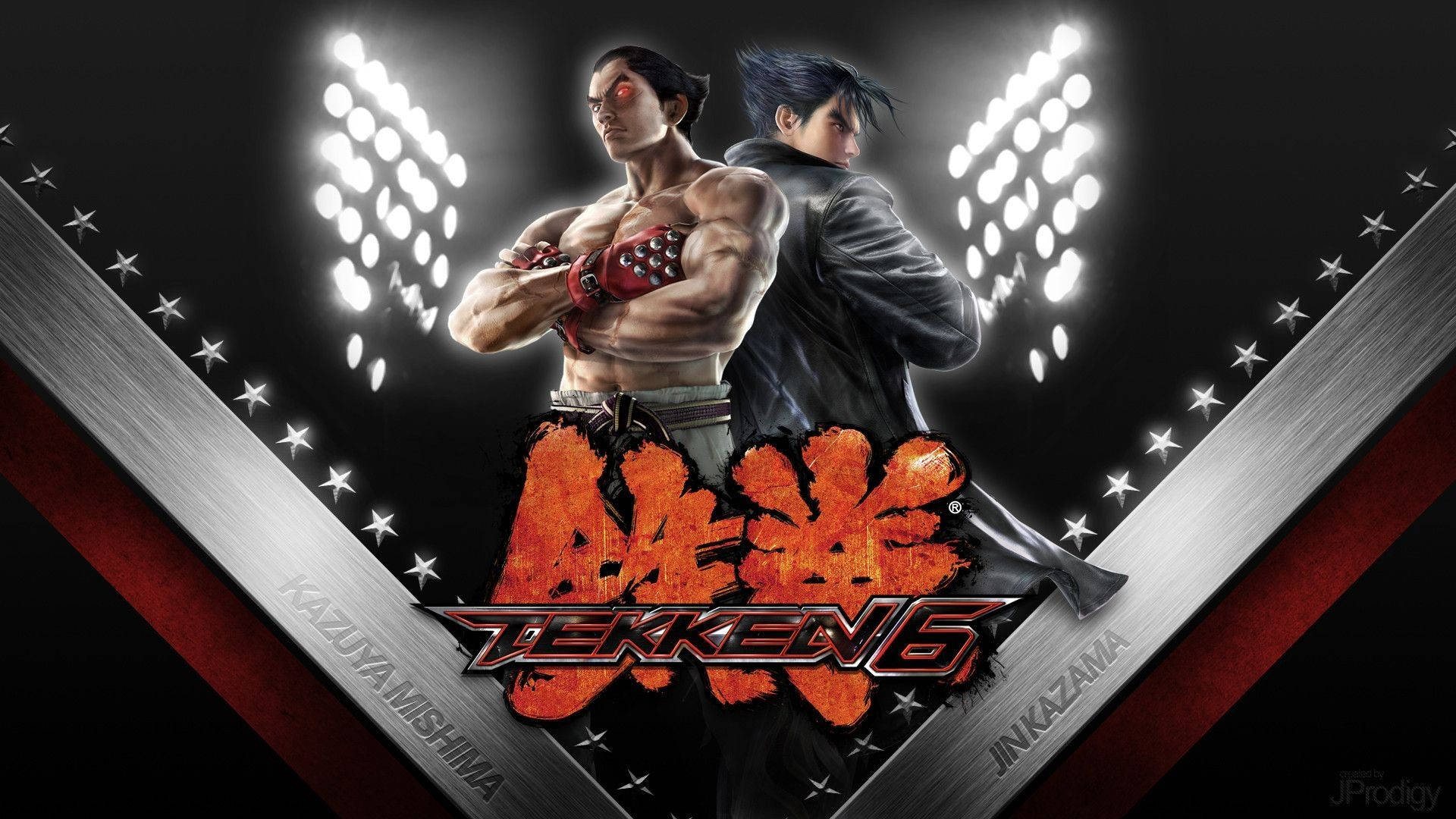 kazuya mishima 桌布 壁紙 — 兩名肌肉發達的戰士自信地站在明亮的體育場燈光下，下方閃耀著 Tekken 6 標誌。