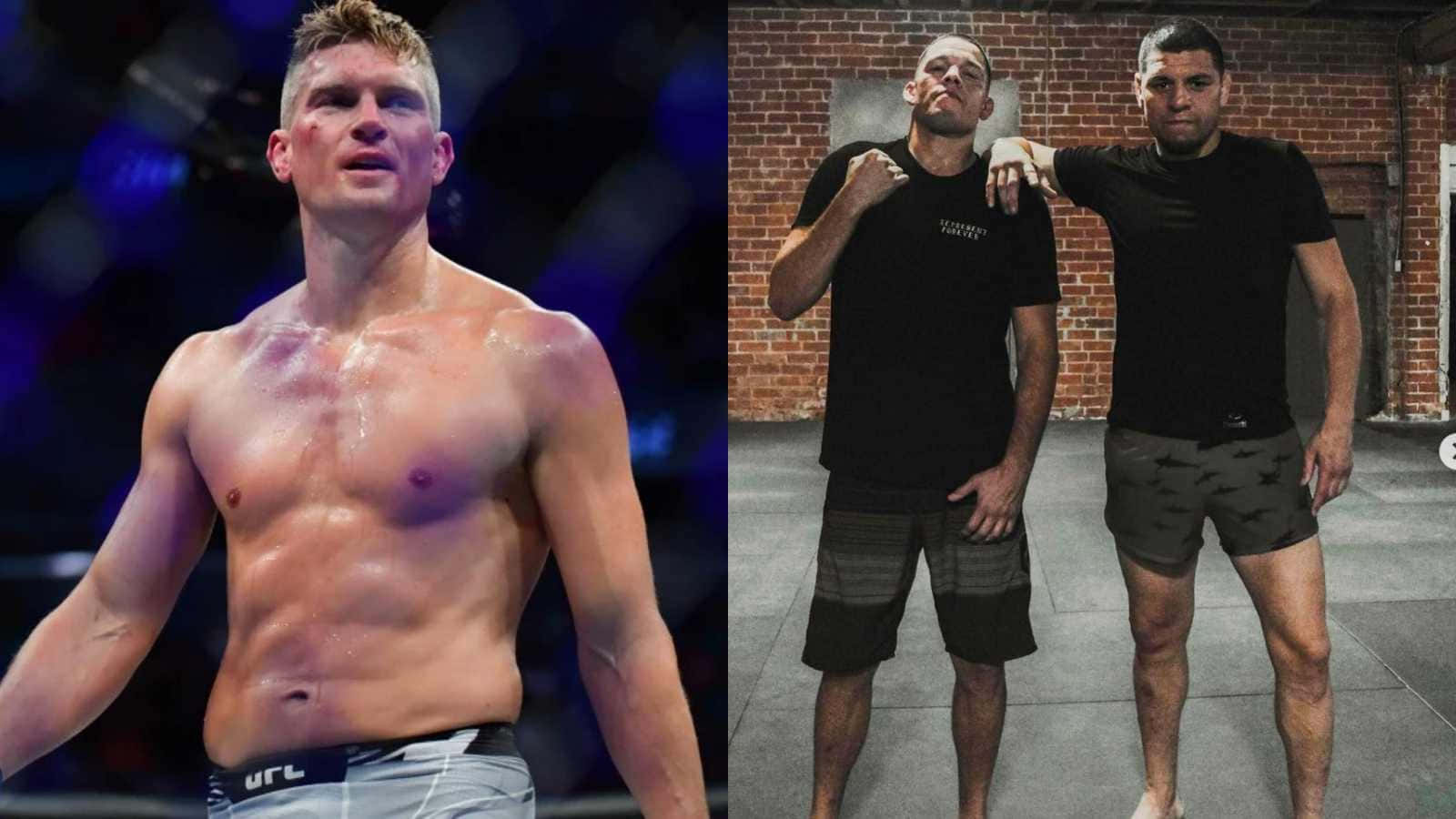 UFC 桌布 壁紙 — 兩名肌肉發達的拳手，一個在擂台上汗流浹背，另一個在磚牆健身房與朋友擺姿勢。
