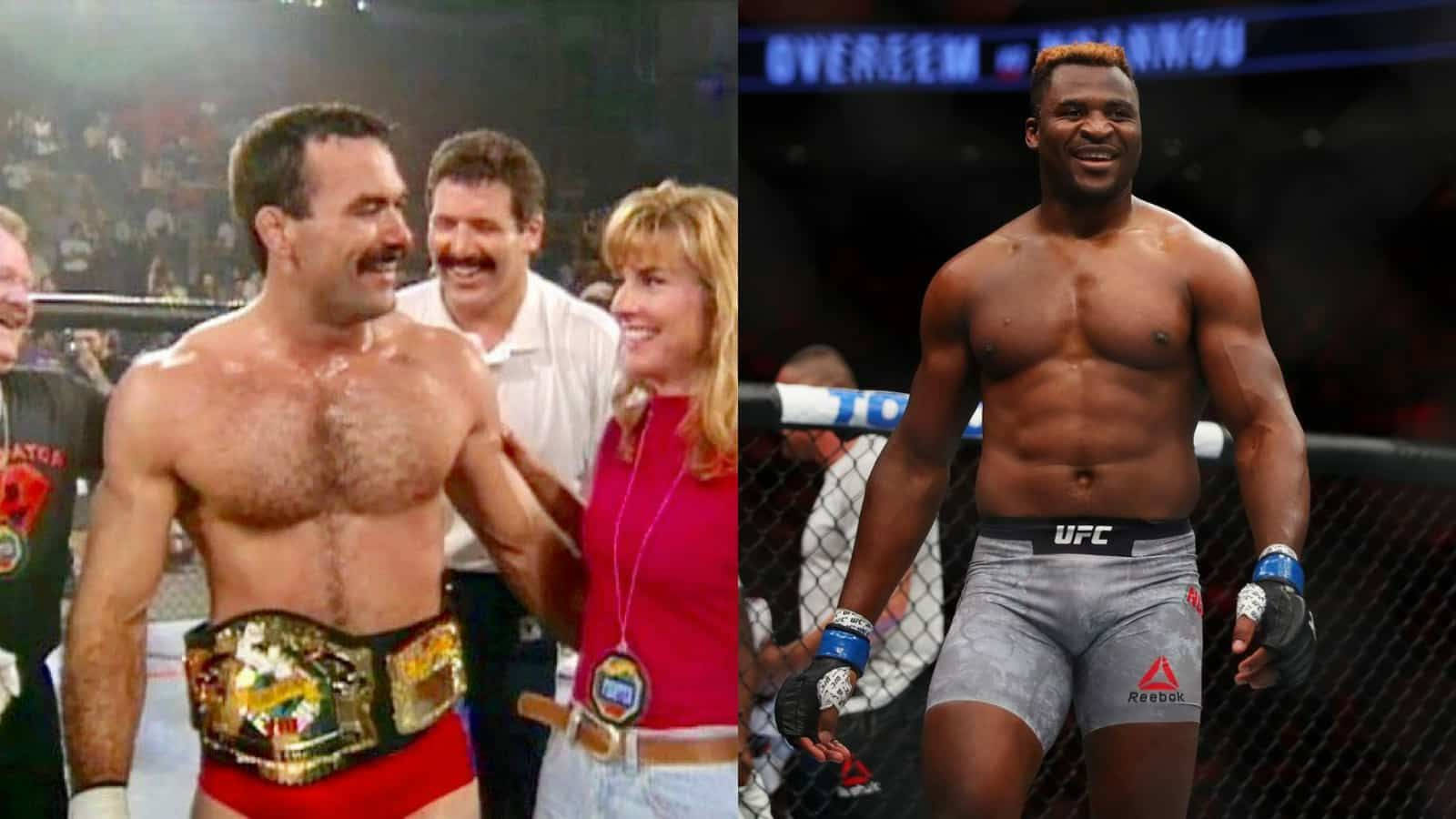 UFC 桌布 壁紙 — 兩名肌肉發達的拳手在MMA擂台上慶祝，一人帶著冠軍腰帶，另一人穿著UFC短褲，兩人在場館燈光下微笑。