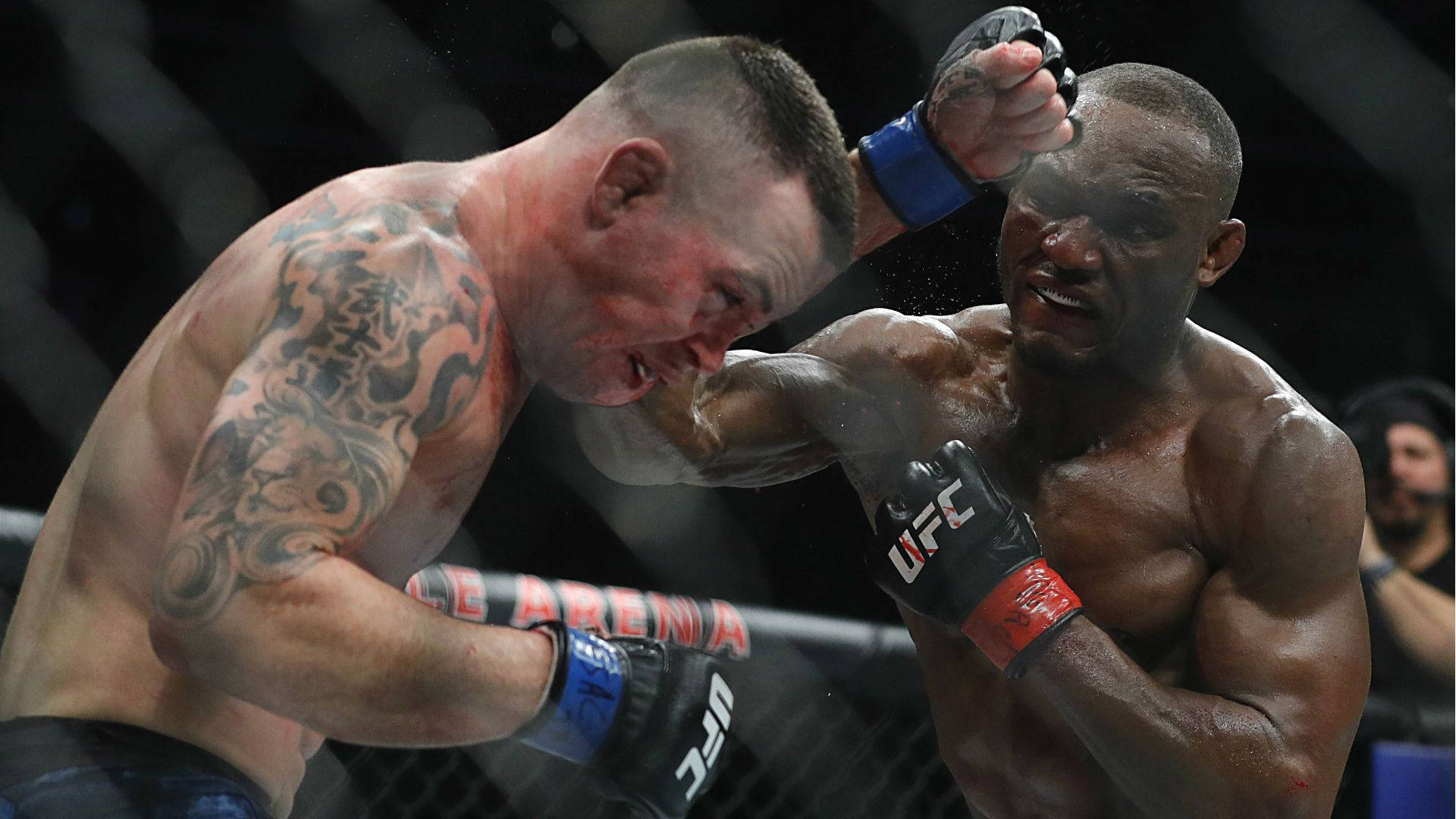 UFC 桌布 壁紙 — 兩名肌肉發達的拳手在UFC八角籠中激烈交鋒，汗水飛濺，其中一人向對方臉部重擊一拳。