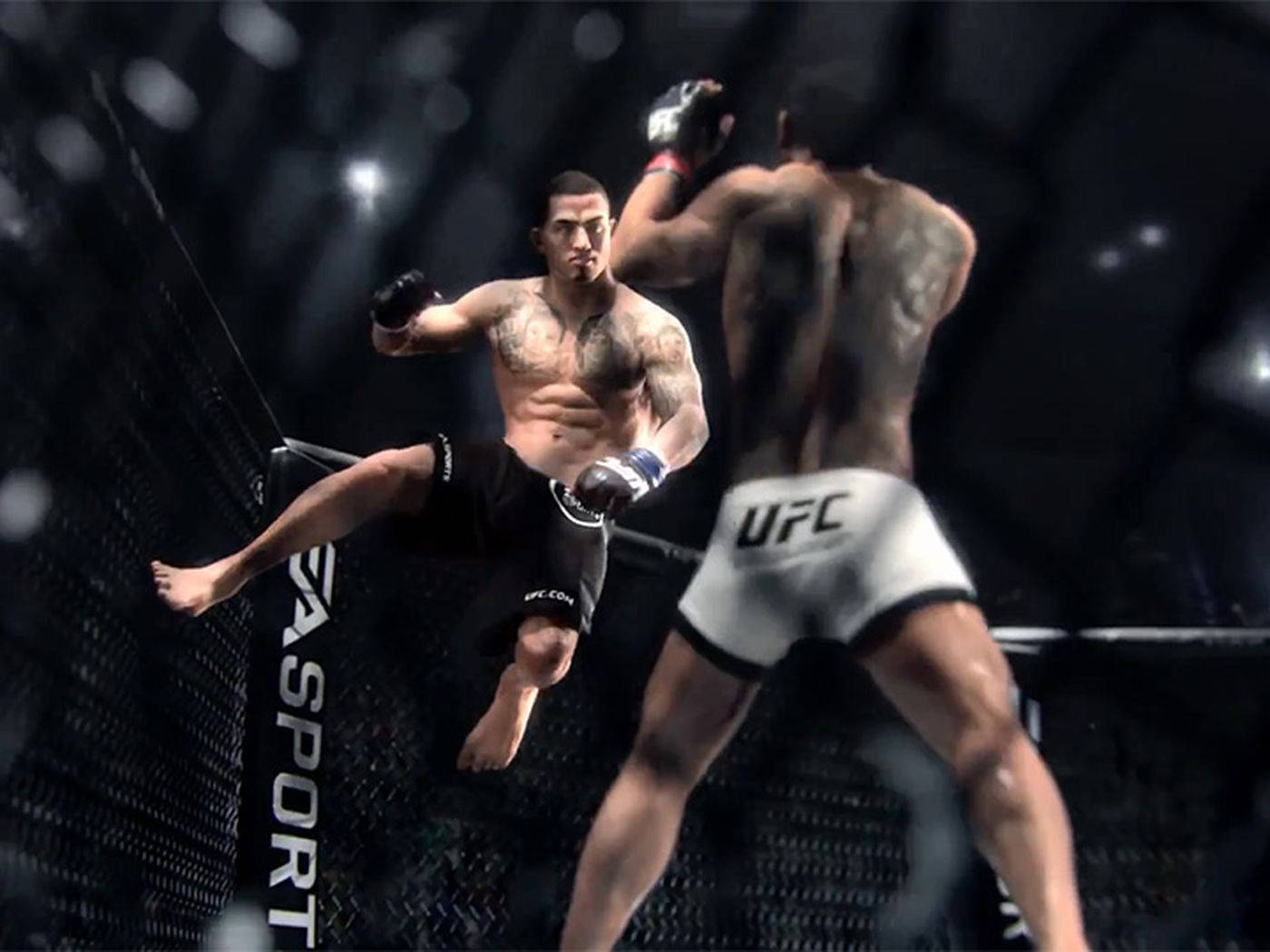 Fight 桌布 壁紙 — 兩名肌肉發達的拳手在UFC八角籠中交鋒，其中一人在明亮的場館燈光下執行高踢。