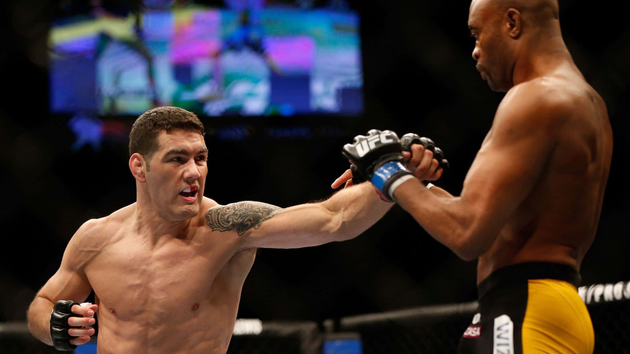 MMA 桌布 壁紙 — 兩名肌肉發達的拳手在UFC八角籠中交鋒，一人打出強力一拳，另一人則進行格擋。